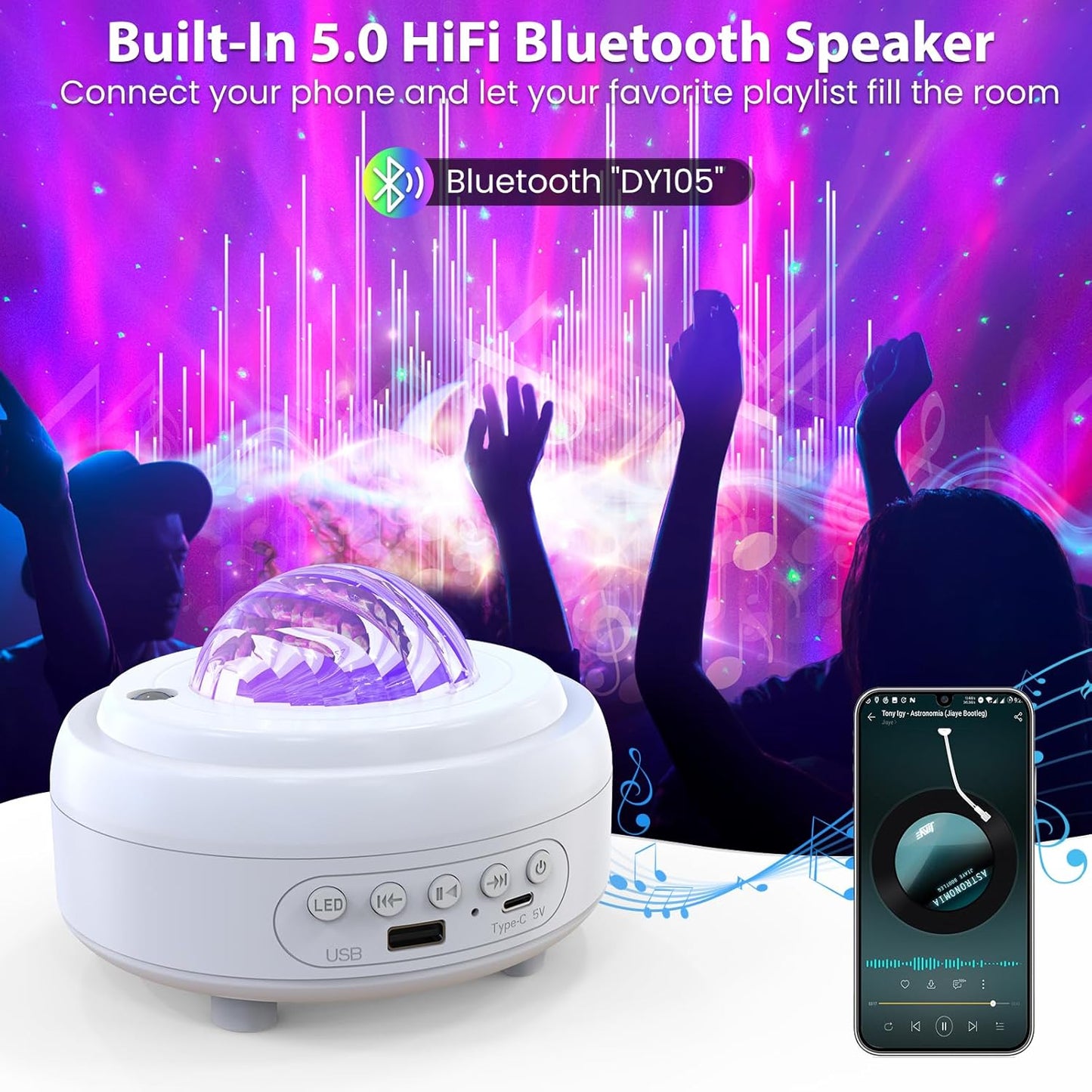 Star Projector with Bluetooth Speaker, 1800mAh Battery Operated Night Light Galaxy Projector, Northern Lights Aurora Projector with Moon, Mood Ambient Lighting for Bedroom Kids Girls Adults