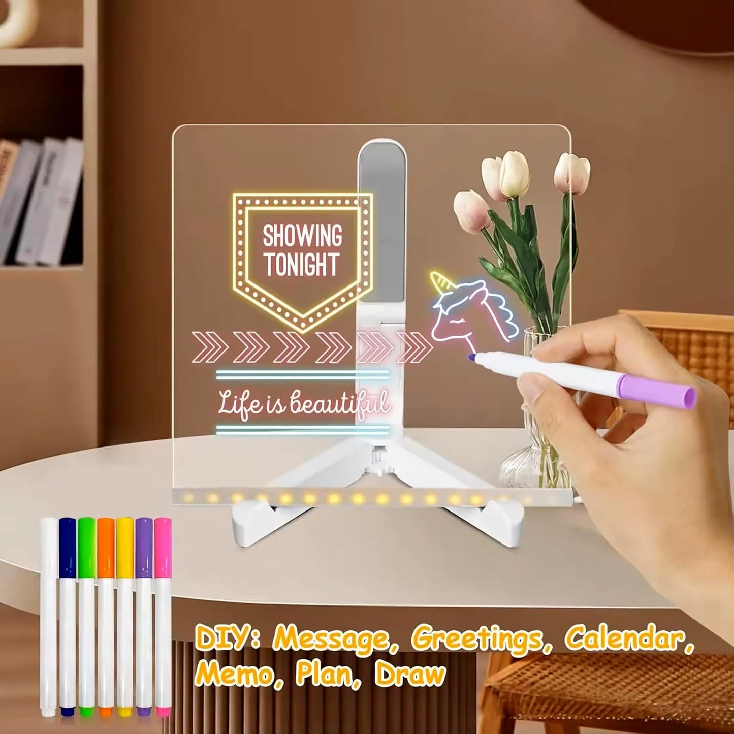 Medium Acrylic Dry Erase Board with Light Light up Drawing Board with Stand as a Glow Memo LED Letter Message Board Note Glass Led Board White Board with 7 Pen for Office School Home (Medium)