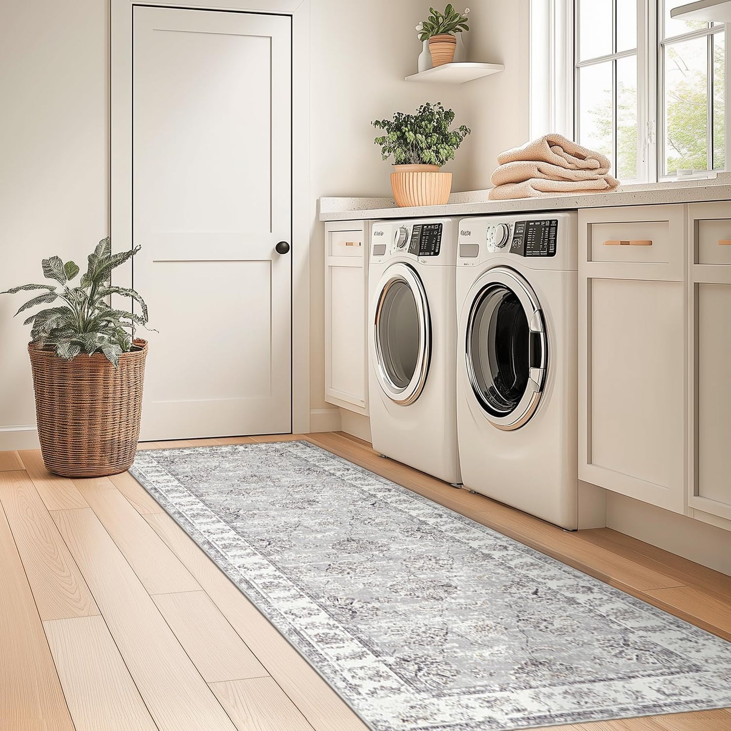 jinchan Hallway Runner Rug 2x10 Machine Washable Runner Rug Grey Vintage Floral Design Non-Slip Ultra-Thin for Kitchen Laundry Room Bedroom Farmhouse (2‘x10',Grey)