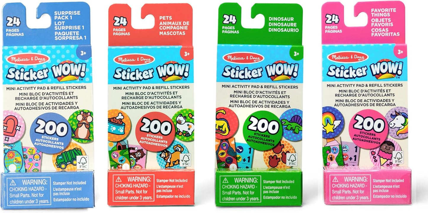 Melissa & Doug Sticker Wow!™ Mini Activity Pad and Refill Stickers 4-Pack (Dinosaur, Pets, Favorite Things, Surprise Pack 1) – 200 Stickers Each (800 Total) for Any Sticker Stamper (Not Included)