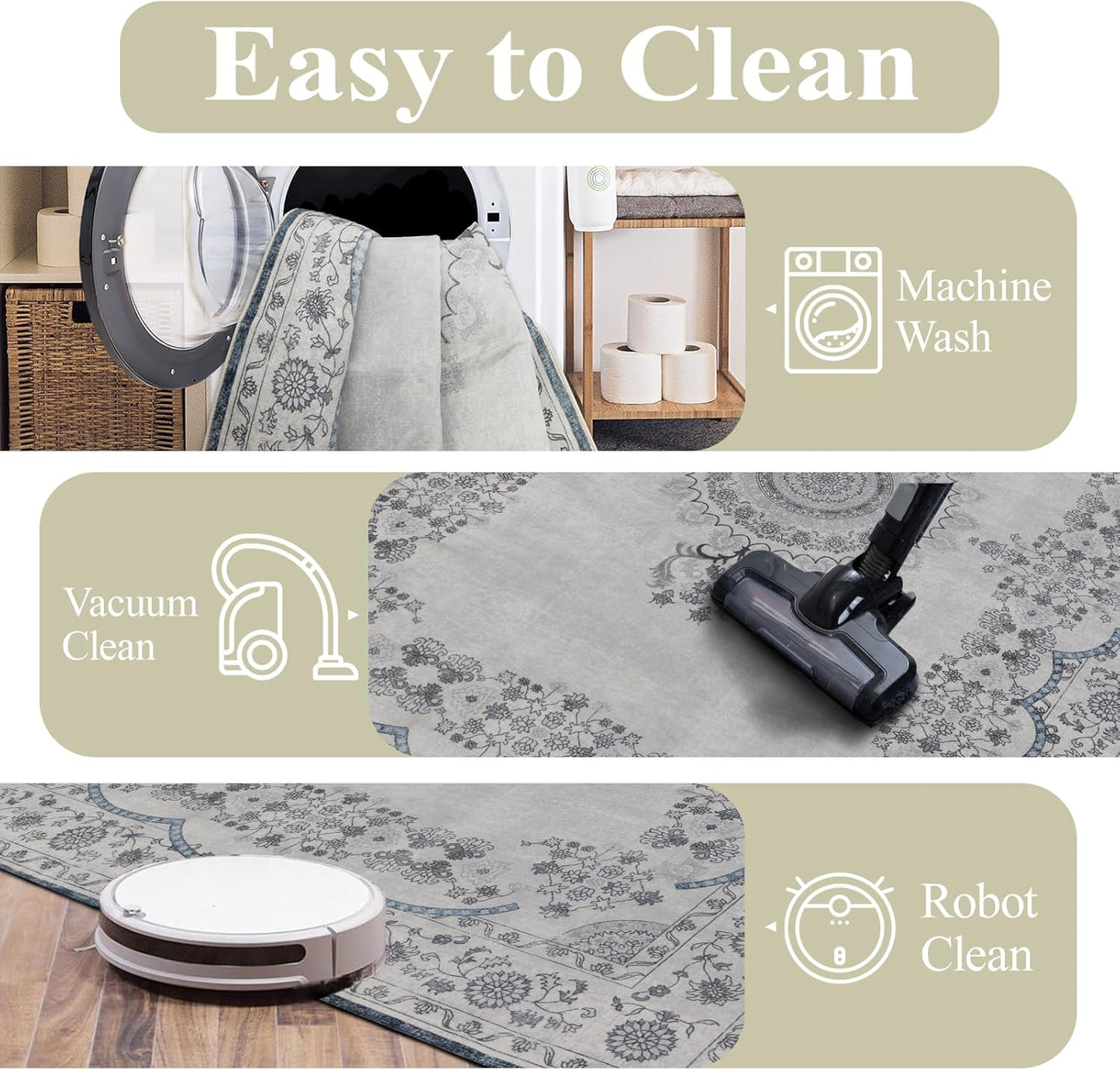 9x12 Area Rug Living Room Rugs, Stain Resistant Washable Rug, Vintage Large Non-Slip Backing, Low Pile Lightweight Print Rug for Bedroom Dinning Room Home Office (Grey/Blue)