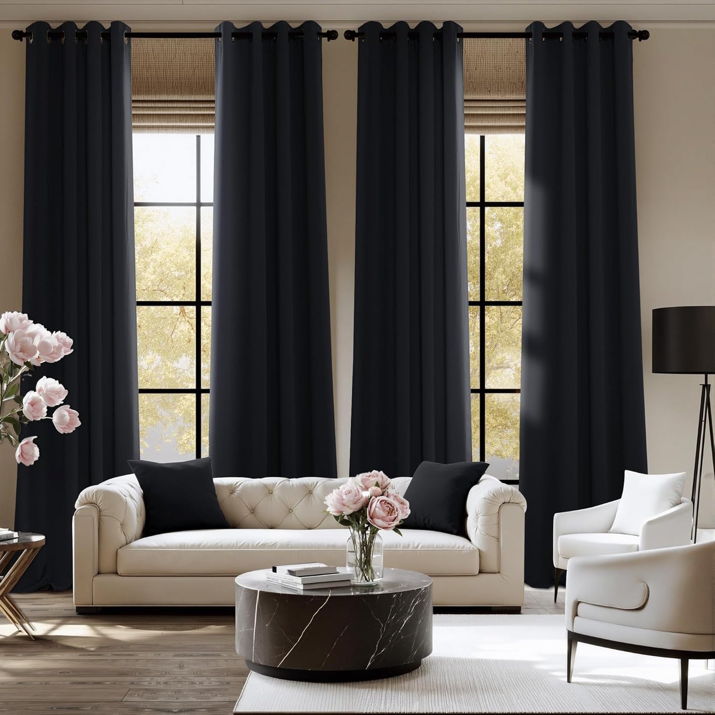 NICETOWN Black Blackout Curtains Bedroom Drapes 84 inch long 2 Panels, Cortinas Thermal Grommet Curtains for Living Room, Noise Reducing Privacy Window Treatment Shades for Nursery, Laundry Patio, W52
