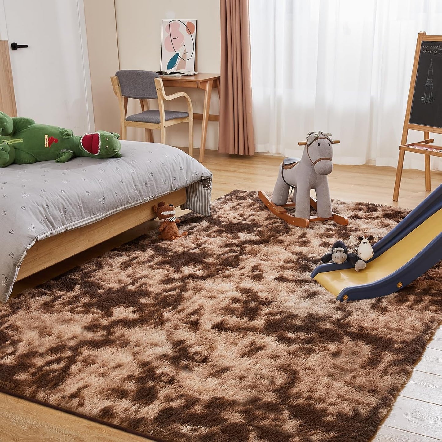 8x10 Area Rugs for Living Room, Ultra Soft Fluffy Rugs for Bedroom, Anti-Skid High Pile Indoor Carpet for Nursery, Kids Room, Playroom, Home Decoration, Tie-Dyed Brown