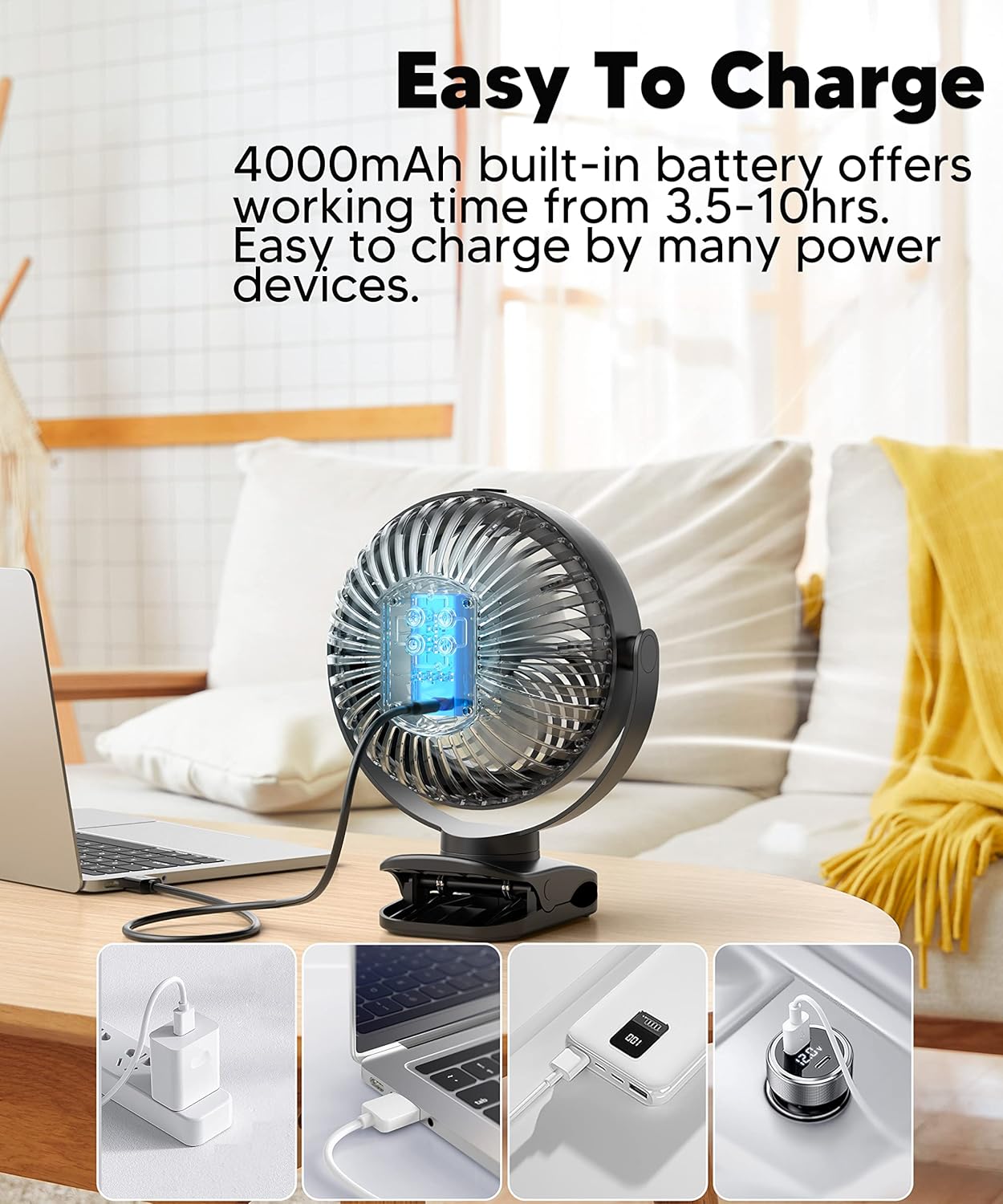 TYZU 7" Portable Cooling Misting Fan | 4000mAh Rechargeable Battery 130ml Tank Outdoor Clip-On | 4 Speeds + 2 Modes For Camping/Stroller/Golf Cart/Patio