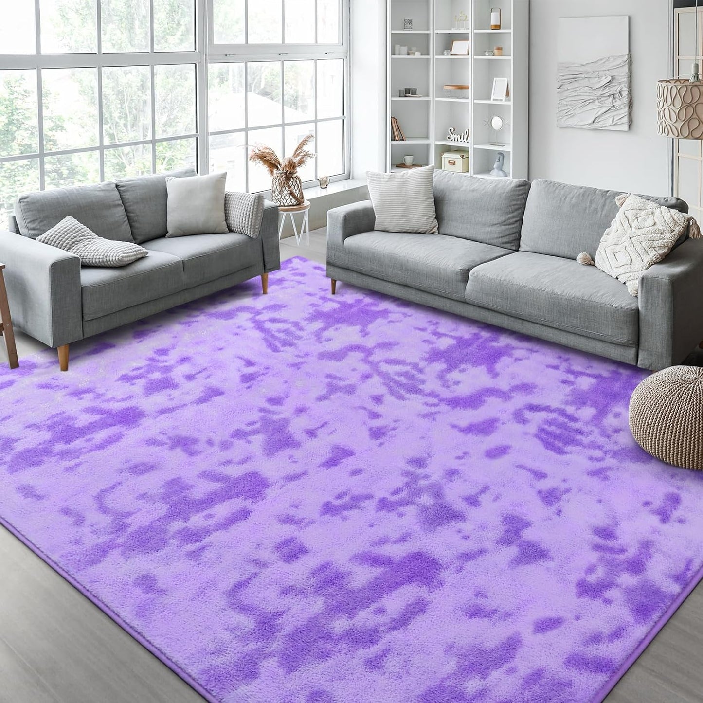 Kimicole 6x9 Washable Area Rugs for Living Room Bedroom, Large Low Pile Ulta-Thin Solid Color Rug, Non-Slip Soft Fluffy Carpet for Nursery Kids Room Dorm Room Home Decor (Purple)