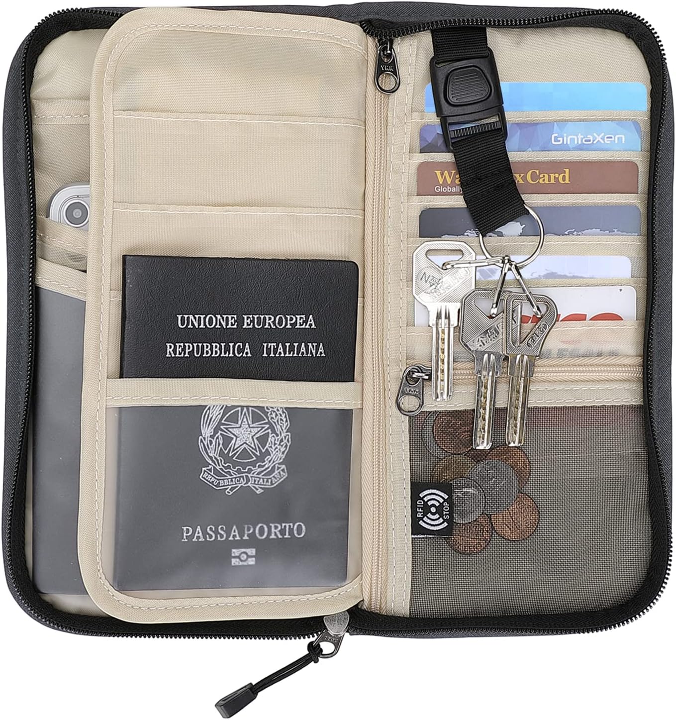 ZOPPEN Passport Holder Family RFID Passport Wallet, Passport Holder Women/Men, Travel Wallet Documents Organizer Zipper Case with Removable Wristlet Strap, Travel Essentials for Flying