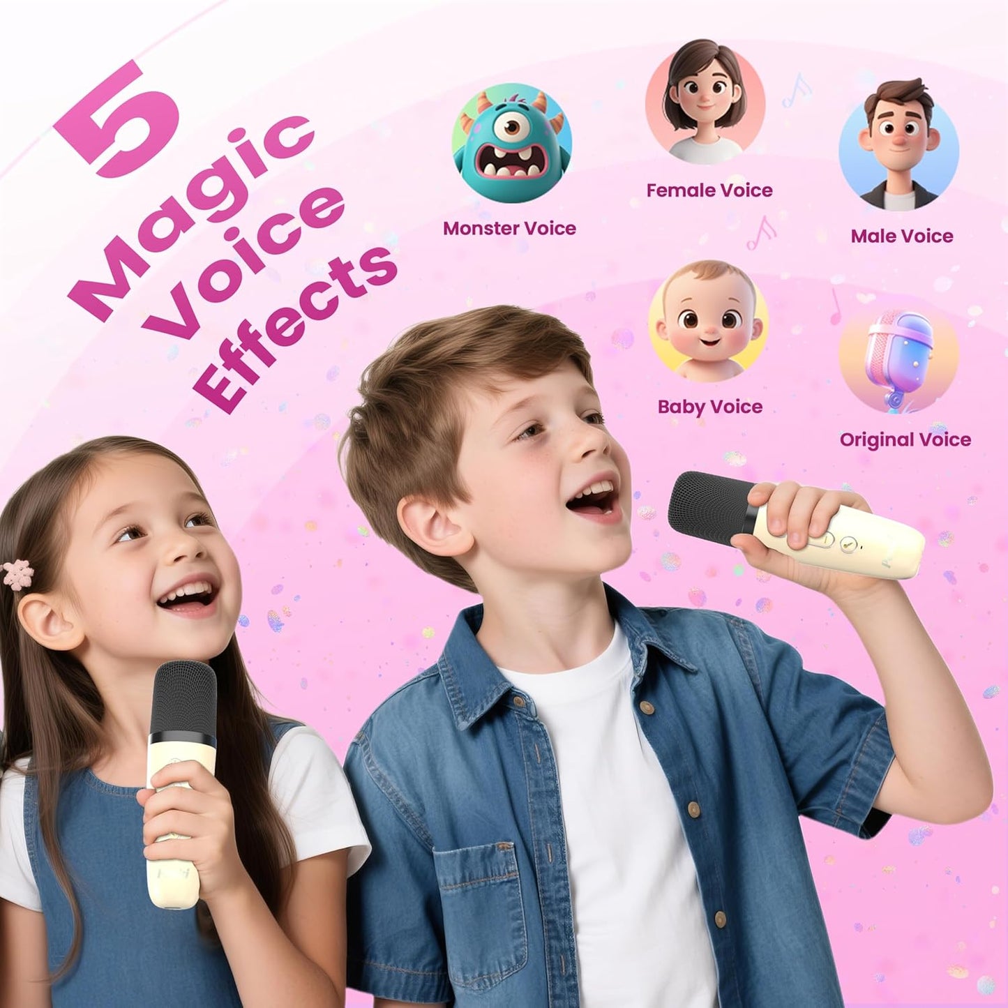 Karaoke Machine for Kids Adults, Portable Bluetooth Mini Karaoke Microphone Singing Speaker Karaoke Player with 2 Wireless Mic, for All Smartphones,Birthday, Family,Home Party (Beige)