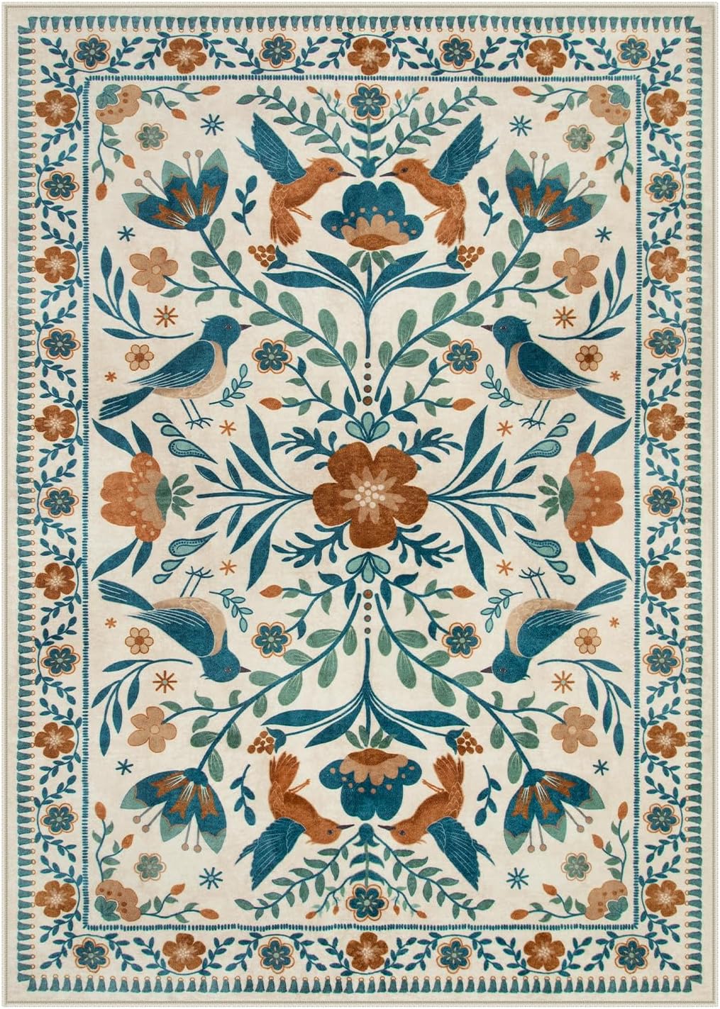 Moynesa Boho Birds Area Rug 5x7 Washable Rug, Floral Carpet for Living Room Low-Pile Soft Bedroom Rugs, Jungle Animal Beige Dining Room Rug Indoor Non-Slip Floor Carpet for Playroom