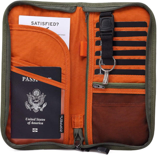 ZOPPEN Passport Holder Family RFID Passport Wallet, Passport Holder Women/Men, Travel Wallet Documents Organizer Zipper Case with Removable Wristlet Strap, Travel Essentials for Flying