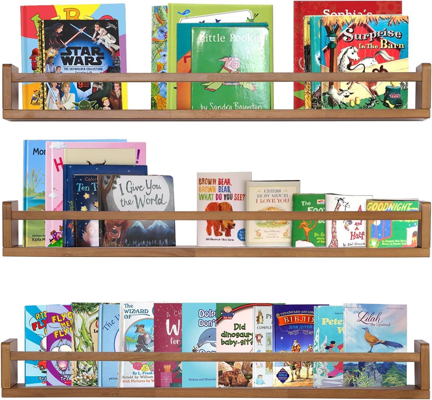 AZSKY Light Walnut Nursery Book Shelves 36 in Floating Wall Mounted Bookshelf Kids Room Hanging Shelves Toddlers Toys Books Storage Organizer a Set of 3