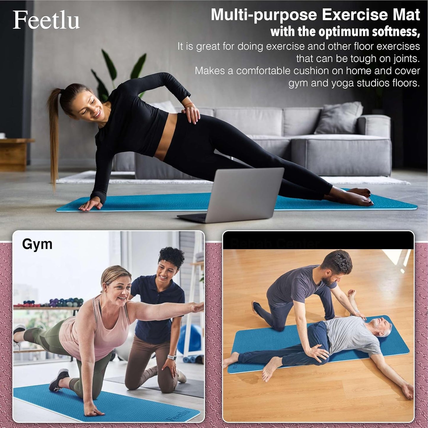 Extra Thick Exercise Yoga Mat with Strap - 2/5 Inch (10MM), Non-Slip Workout Mat for Yoga, Pilates, and Floor Exercises