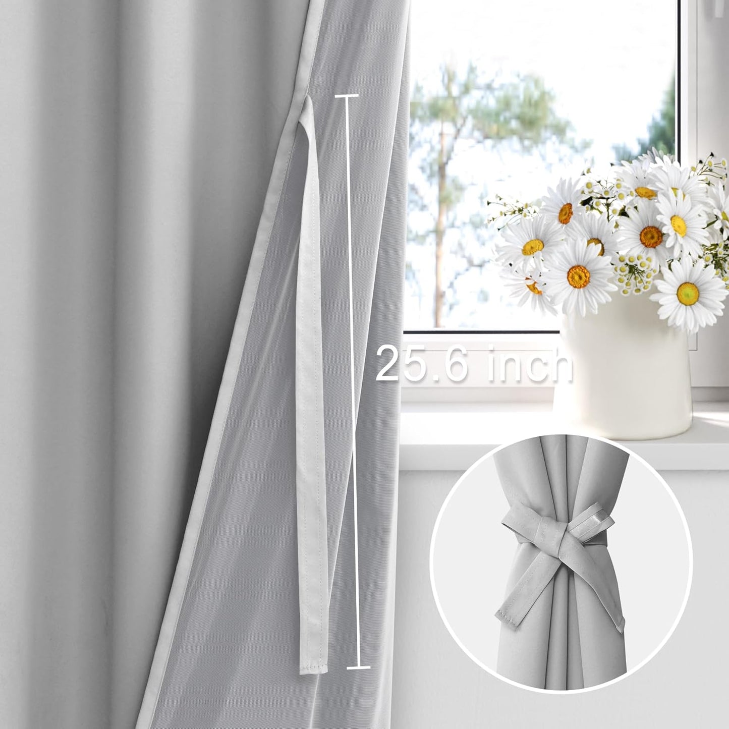 XWZO 100% Blackout Window Curtains - Rod Pocket Thermal Insulated & Completely Room Darkening Black Liner Window Panels with Tiebacks for Bedroom/Living Room, Light Grey, W42 x L54, Set of 2