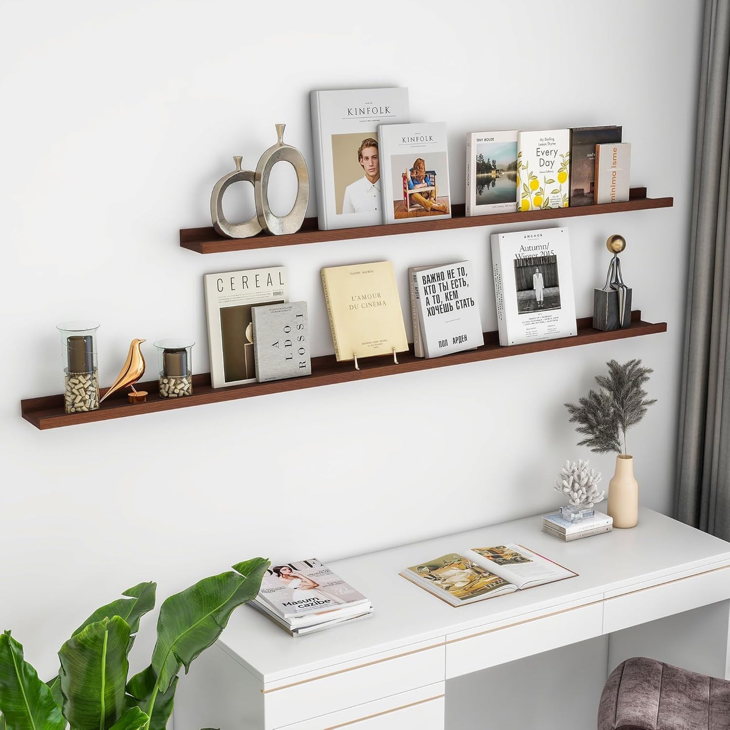 Solid Ash Wood Picture Ledge Shelf, 24 Inch Floating Shelves with Lip Set of 2, Photo Ledge Shelf Nursery Bookshelf Wall Mounted for Living Room Bedroom Decor, Walnut