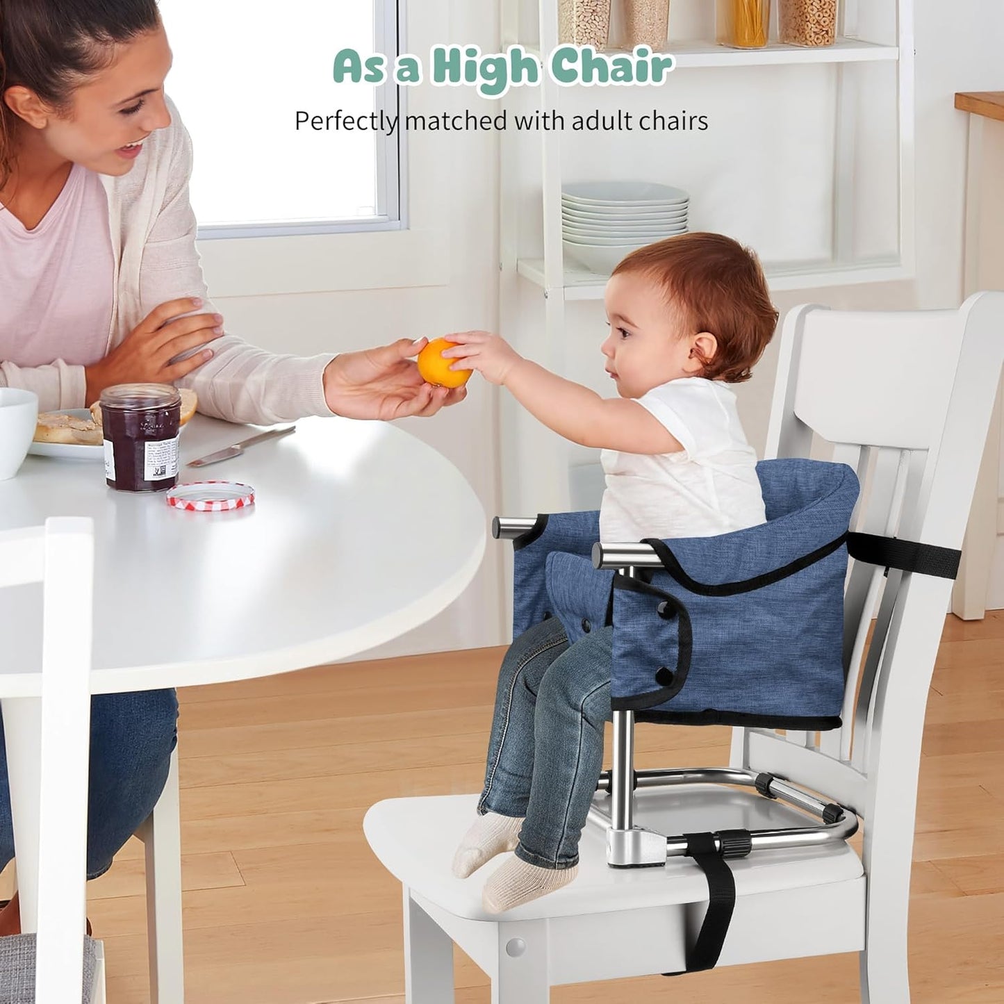 Booster Seat for Dining Table: Portable Toddler Booster Chair with Safety Buckle and Height Adjustable, Foldable Baby Feeding Chair, Kids High Chair Booster Seat for Kitchen Home Travel - Navy Blue