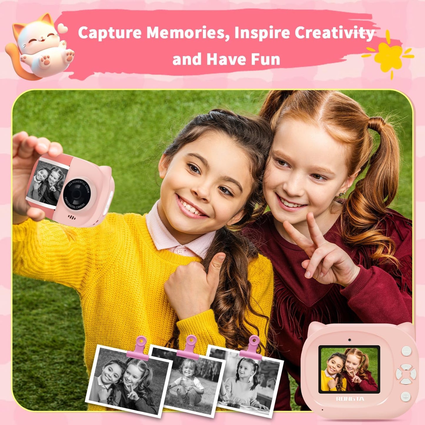 Rongta Kids Camera Instant Print, 1080P Kids Instant Cameras That Print Photos, Christmas Birthday Gifts for Girls Age 3-12, Video Camera Portable Toy for 3 4 5 6 7 8 9 10 Year Old Kids Girls(Pink)
