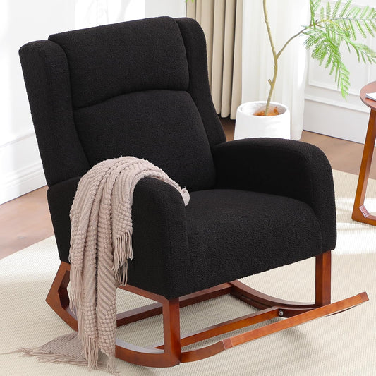 Rocking Chair Nursery, Nursing Rocking Chairs for Mom Nursery, Comfy Wingback Glider Rocking Armchair with Foot Rest and Side Pocket for Nursery Living Room Bedroom, Walnut Black