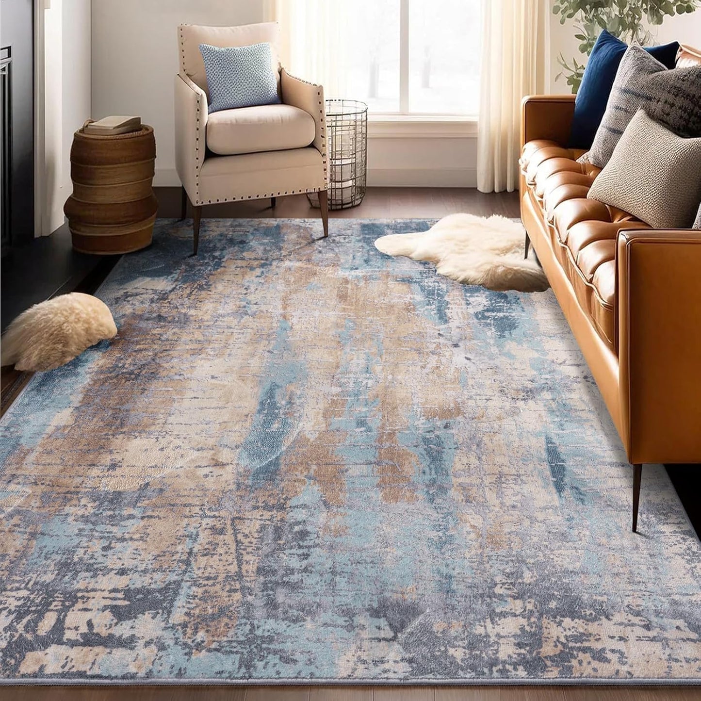 Area Rug Living Room Rug, 5x7 Modern Abstract Washable Rug Beige Blue Non Slip Foldable Faux Wool Vintage Carpet, Fluffy Non-Shedding Rugs for Living Room, Bedroom, Dining Room, Kids Playroom
