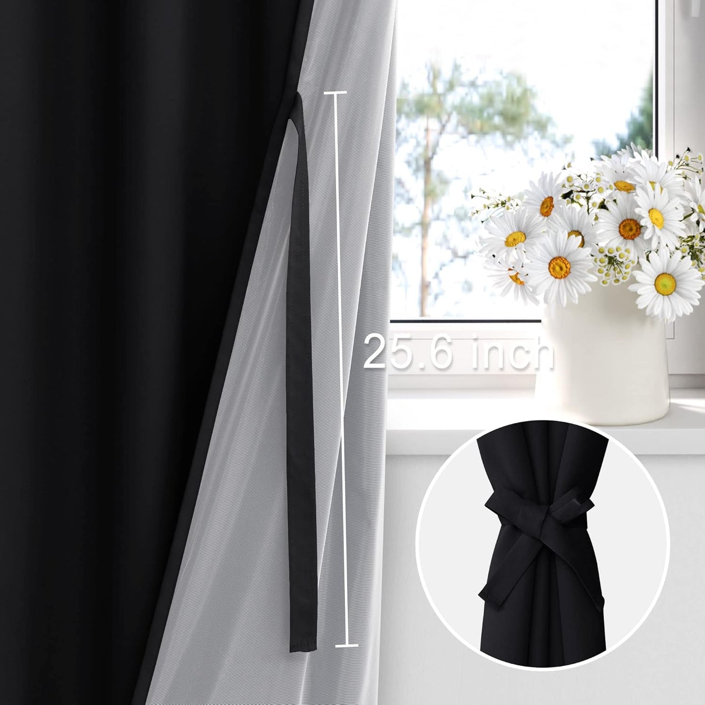 XWZO Black Blackout Curtains 2 Panels with Tiebacks- Rod Pocket Heat and Full Light Blocking Window Panels for Bedroom/Basement, 54 Inches Long Thermal Insulated Draperies, W42 x L54, Set of 2