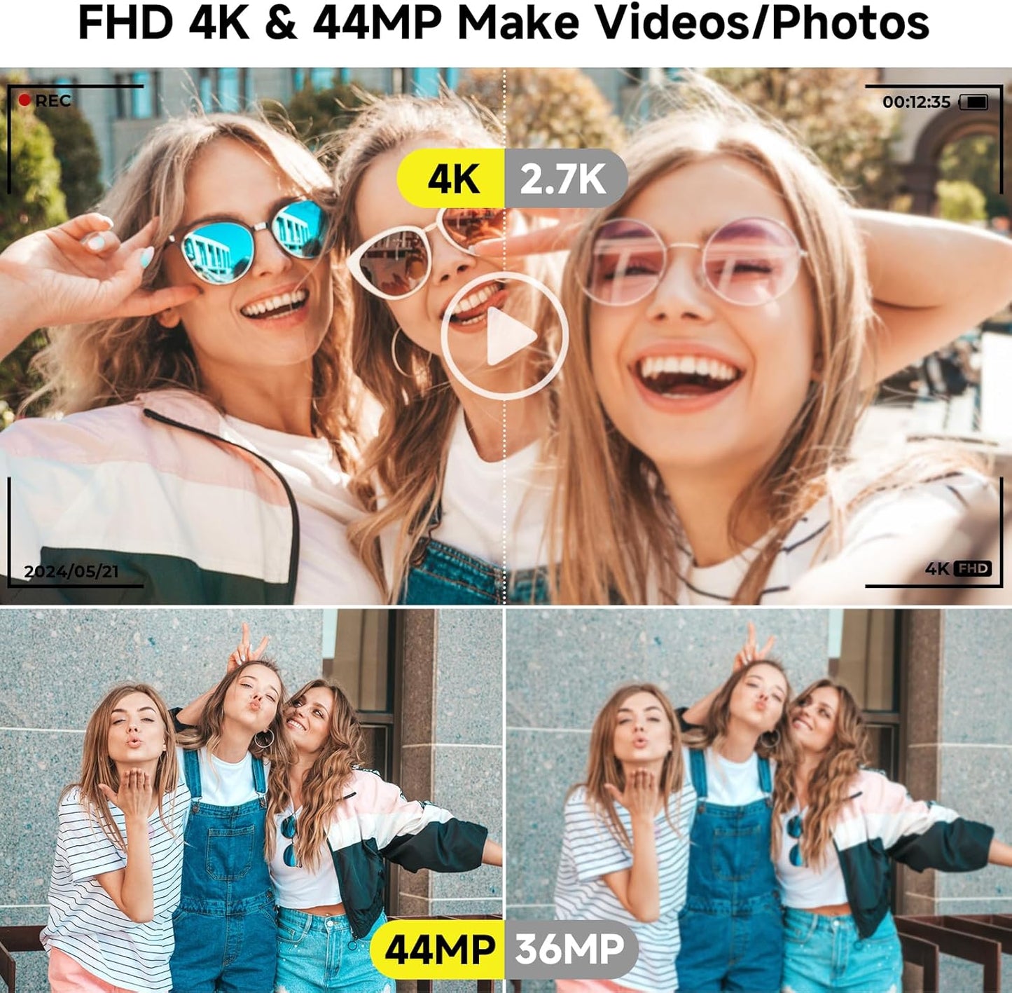 Digital Camera, FHD 4K 44MP Digital Camera, 16X Digital Zoom, Digital Point and Shoot Camera with 3-LED Fill Lights, 64GB SD Card, Compact Camera for Kids Teen Boys Girls, Purple