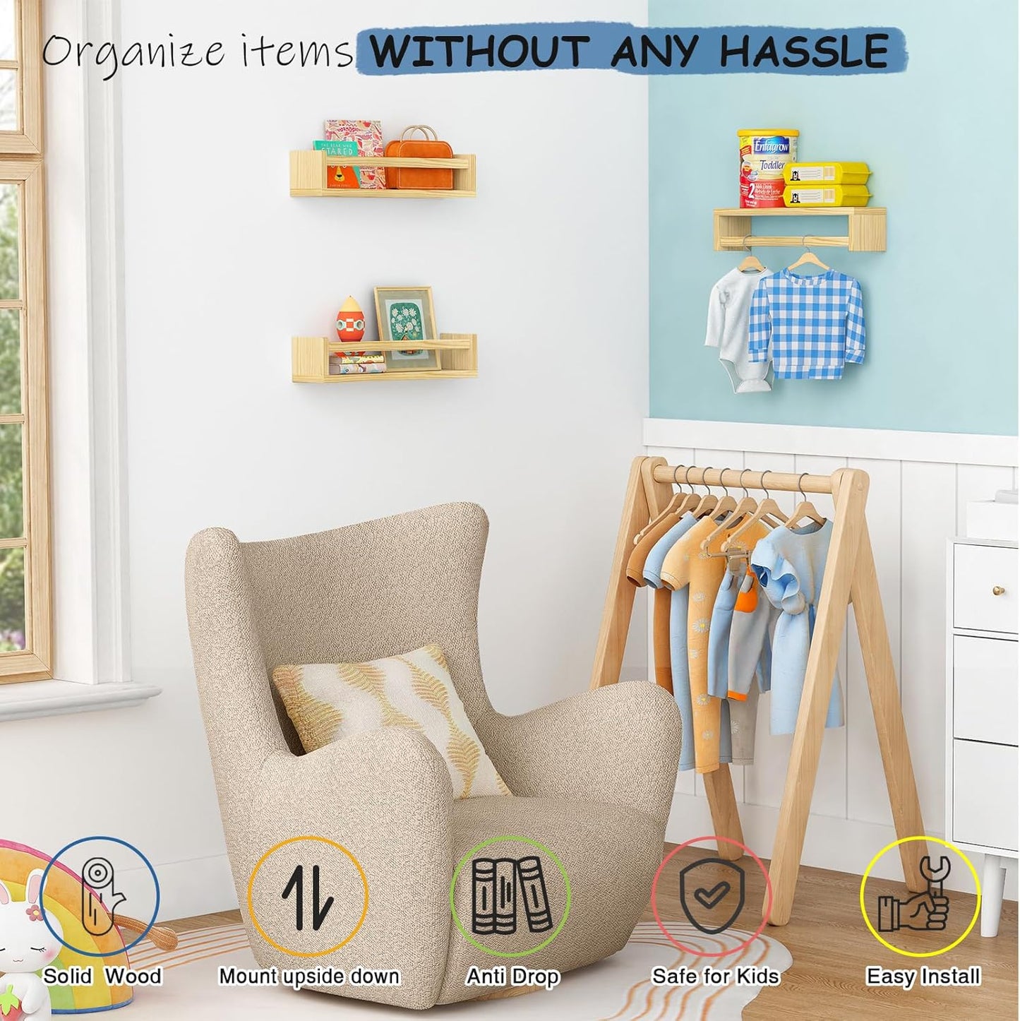 Floating Nursery Book Shelves for Wall, Natural Wood Wall Bookshelf for Kids Room Bedroom, Small Wooden Hanging Baby Book Shelf and Toy Organizer for Nursery Girl Boy Toddler Child - Set of 3