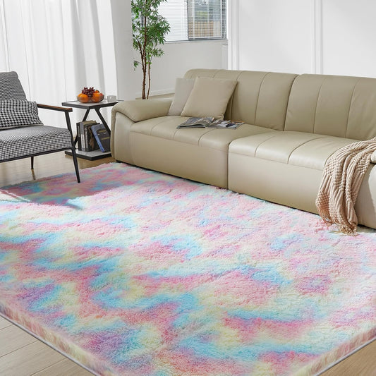Ultra Soft Rug for Living Room, 8X10 Fluffy Shag Area Rug for Bedroom, Modern Shaggy Carpets Fuzzy Rug for Teens Dorm Nursery Home Decor Aesthetic, Upgrade Anti-Skid Durable, Rainbow