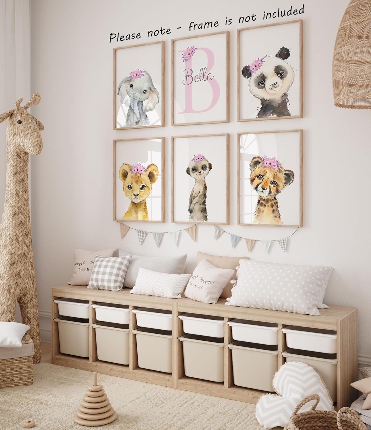 Personalized Safari Animals for Baby Girls Nursery, Set of 6 Unframed Poster Prints, Personalized Name Pink Lilac Floral, Girls Bedroom Decor, Elephant Giraffe (11x14)