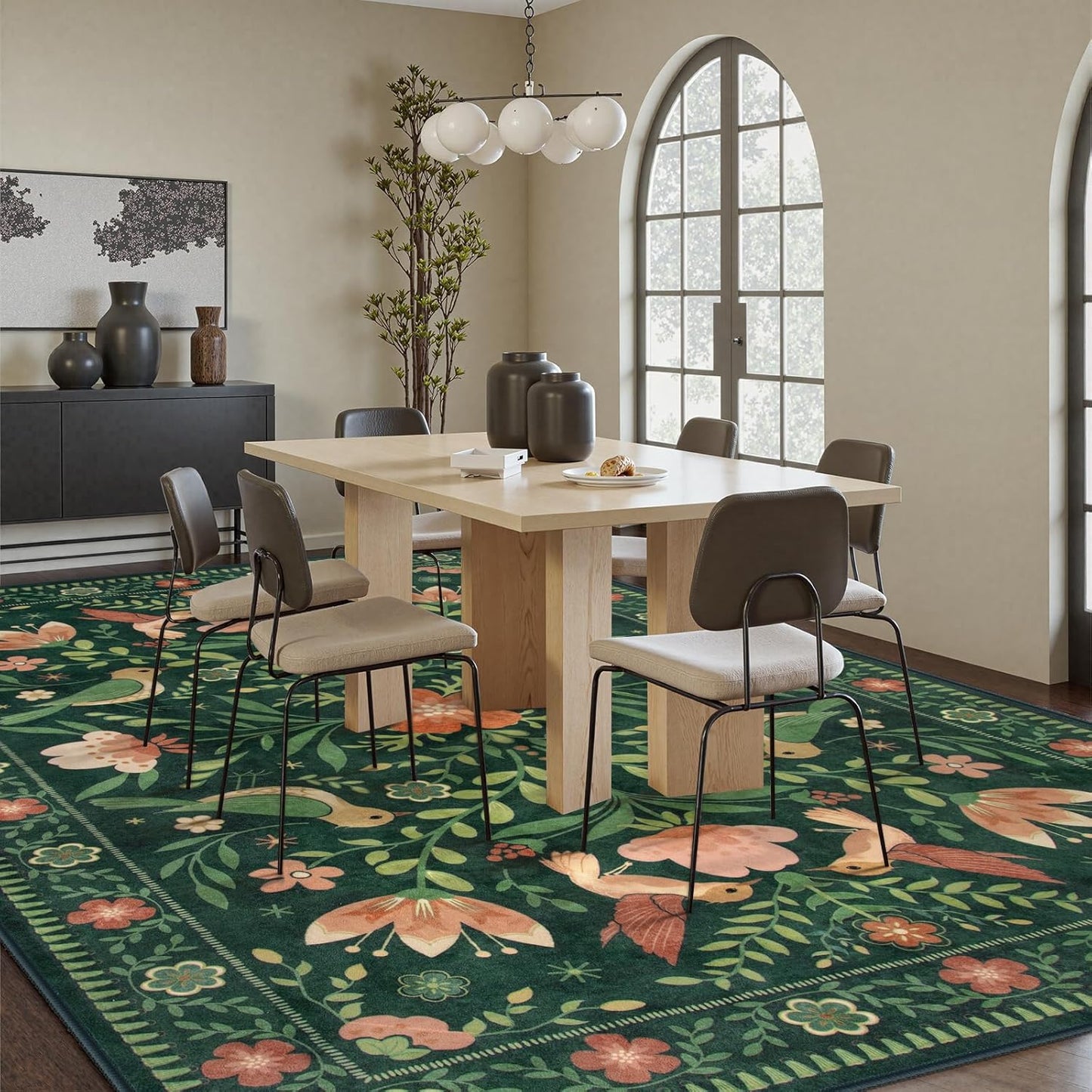 Moynesa Boho Bird 9x12 Area Rug Washable Living Room Rug, Low-Pile Green Floral Bedroom Rugs for Living Room Stain Resistance, Vintage Soft Large Rug for Kids Playroom Nursery
