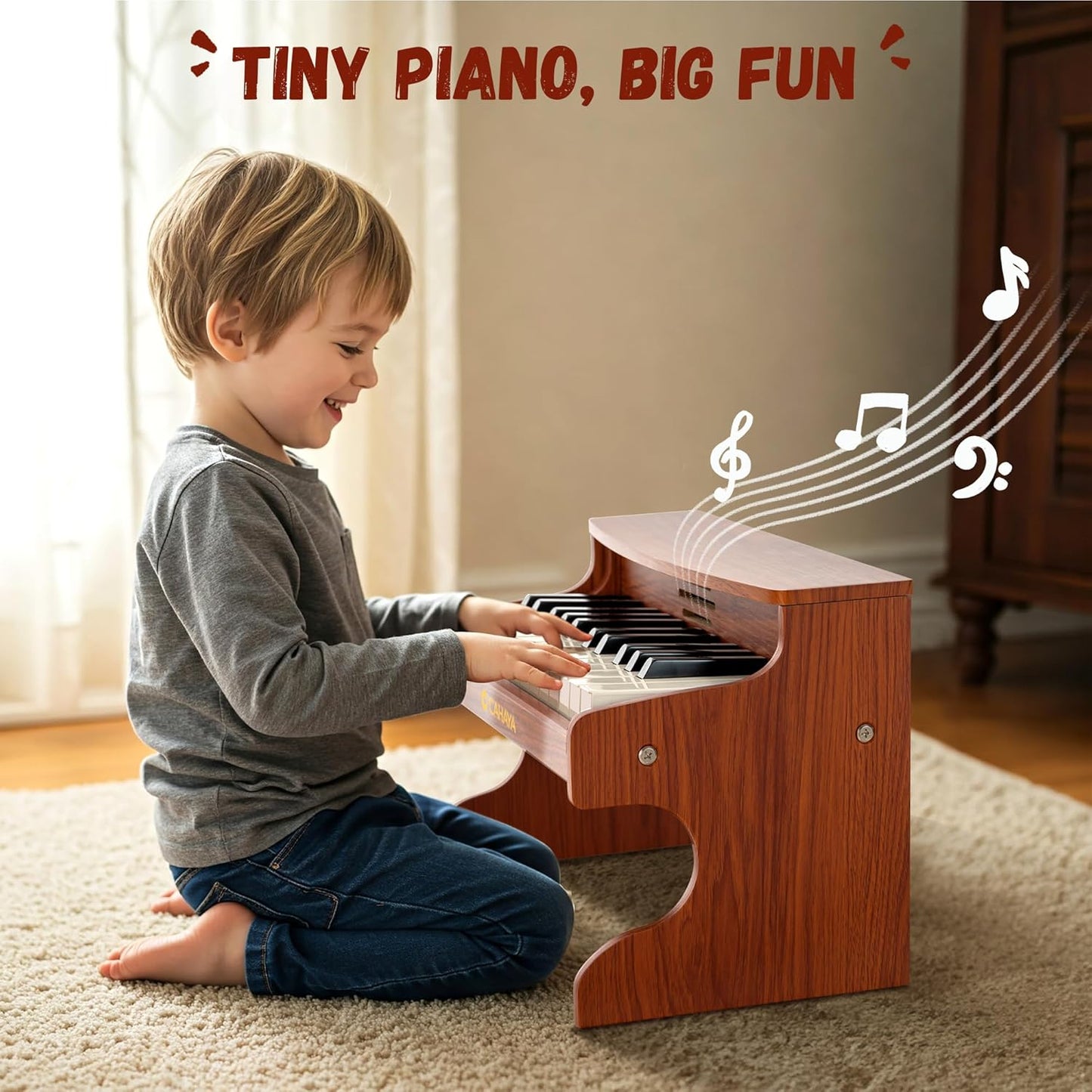 CAHAYA Kids Piano Keyboard Wooden - 25 Keys Digital Piano for Kids Fun & Music Educational Toy Wood Keyboard for 3+ Girls and Boys Birthday Gifts
