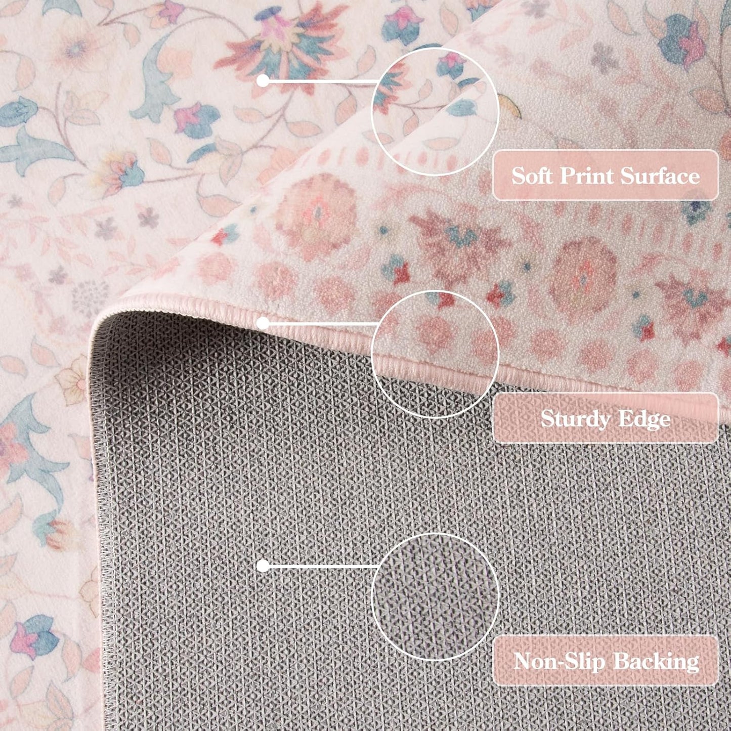 Wonnitar Boho Floral 8x10 Pink Area Rug, Washable Kids Rugs for Bedroom, Large Ultra-Thin Soft Non Slip Carpet for Nursery Living Room Playroom Classroom, Pastel Pink