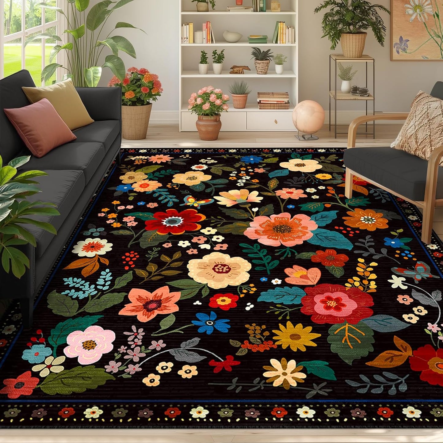 Floral 6x9 Area Rug Machine Washable Soft Print Boho Carpet Non Slip Doormat Low Pile Flower Area Rugs for Living Room Bedroom Nursery Kitchen Dining Room Indoor-Black