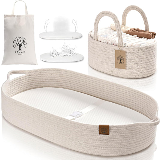 Baby Changing Basket Includes Diaper Caddy - Breathable & Waterproof Dual-Cover, Portable, Changing Pad for Dresser & Changing Table, Gift for Baby Shower (Light Cream, Diaper Caddy Set)
