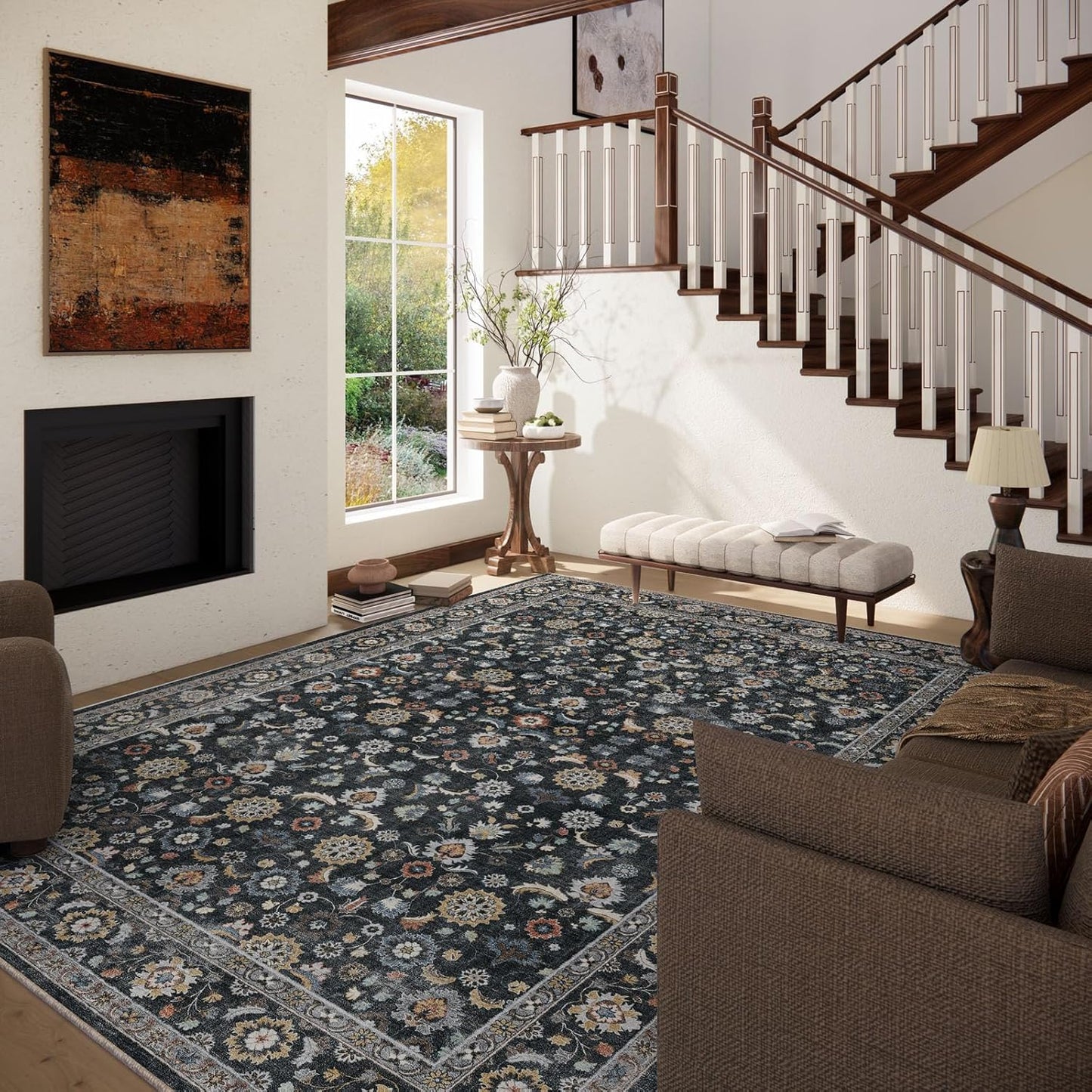 Washable Area Rugs for Living Room: 5x7 Bedroom Rug Vintage Boho Area Rug Stain Resistant Non Slip Low Pile Lightweight Soft Carpets for Living Room Dining Room Kitchen Nursery Kids Room Farmhouse