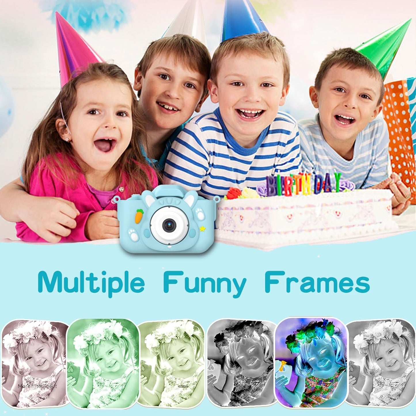 Kids Camera Toys,48MP Dual Lens with 64G SD Card and Cartoon Soft Cover for 3-8 Year Old Girls Boys (Bluer)