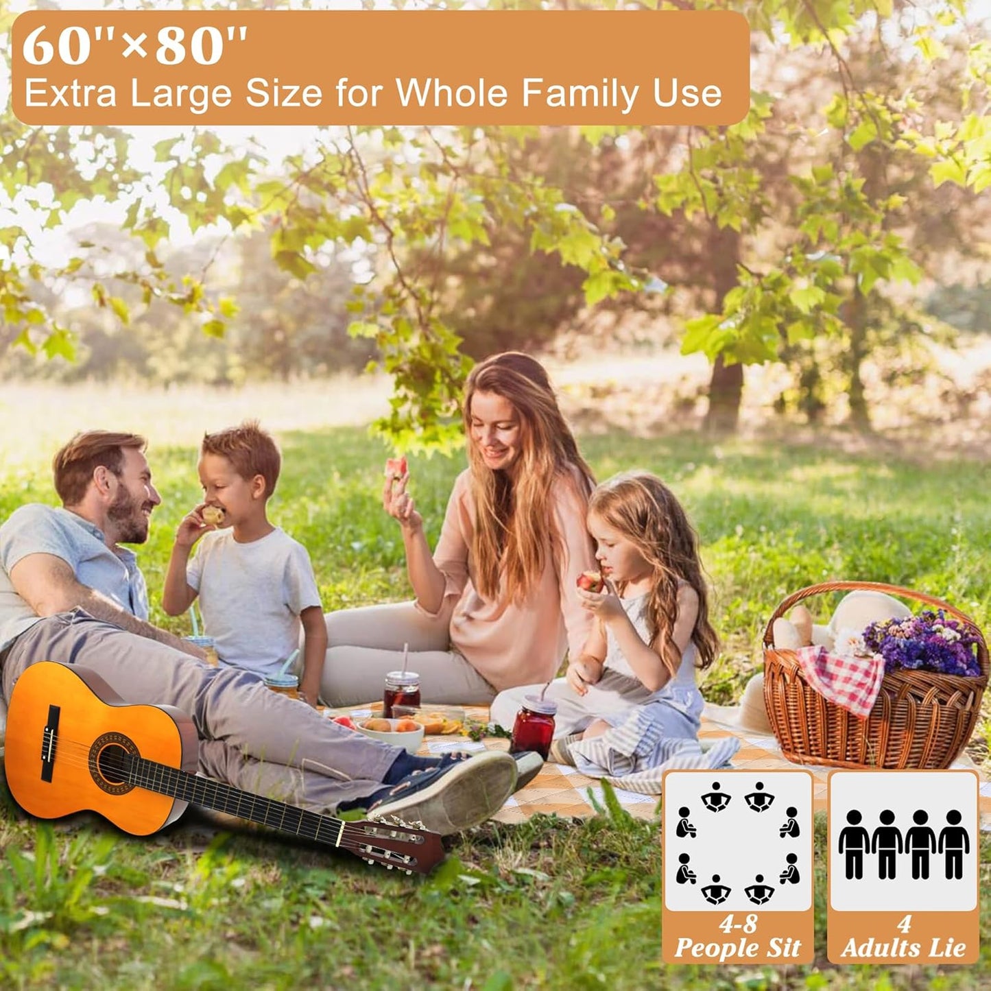 HX&OD Outdoor Picnic Blanket, Extra Large, 80''x60'' Waterproof Foldable Blankets Gingham Picnic Mat for Beach, Camping Grass Lawn Park Accessories Cute Couple Ideas Wedding (Yellow, 80”x60”)