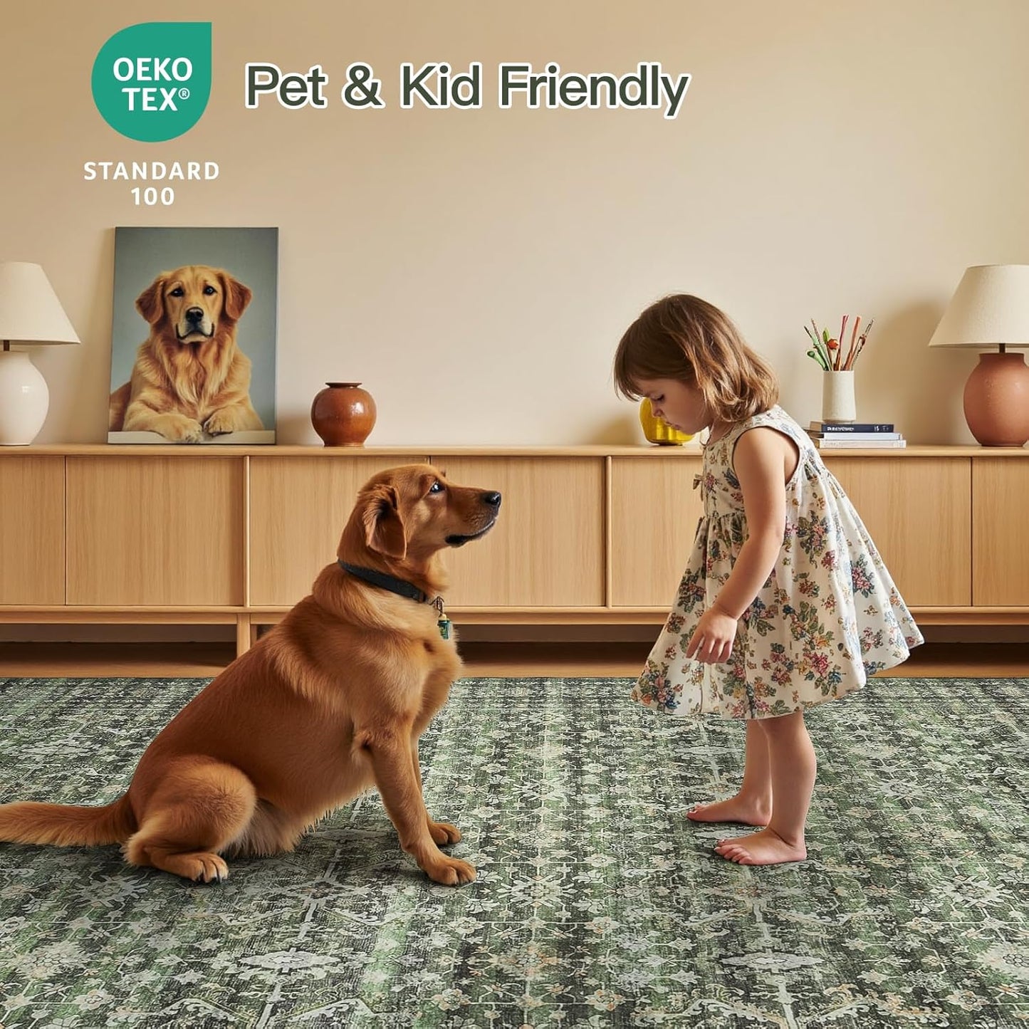 Lofus 6x9 Area Rug for Living Room,Green Washable Area Rugs with Non-Slip Backing,Soft Boho Carpets for Bedroom Dining Room Home Office Indoor Nursery