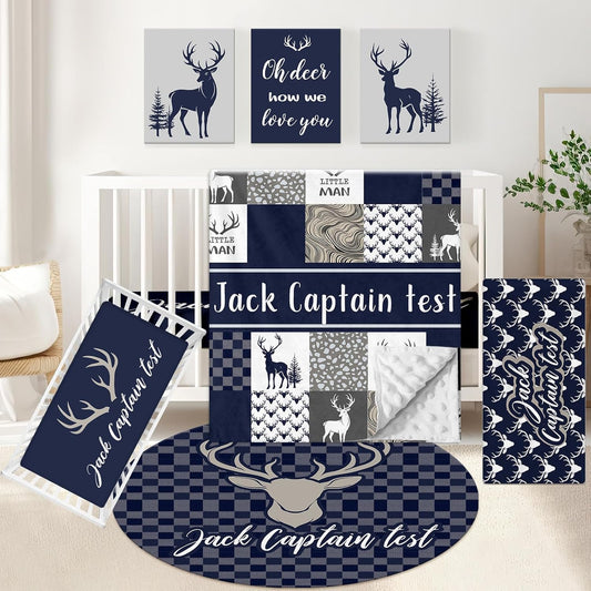 Personalized Baby Bedding Set, 5 Pcs Custom Name Crib Bedding Set, Double Layer Blue Nursery Bedding Set for Baby Boys, Woodland Deer Baby Crib Set, Gifts for Toddlers Infants New Parents
