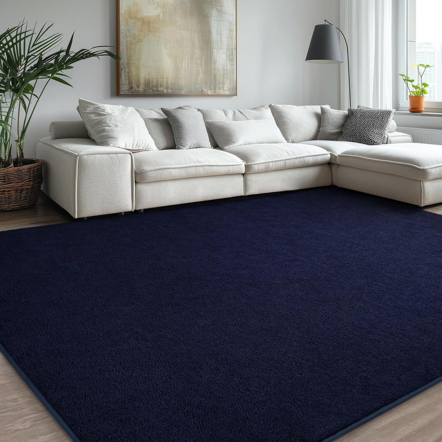 Kimicole 6x9 Washable Area Rugs for Living Room Bedroom, Large Low Pile Ulta-Thin Solid Color Rug, Non-Slip Soft Fluffy Carpet for Nursery Kids Room Dorm Room Home Decor (Navy Blue)