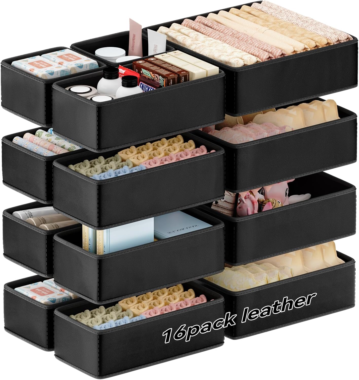 Vegan Leather Drawer Organizers,16 Pack Makeup Storage boxes,Vanity Drawer Luxury upgrade,Bedroom fabric Drawers replacement,bathroom organization and storage Optimal solution