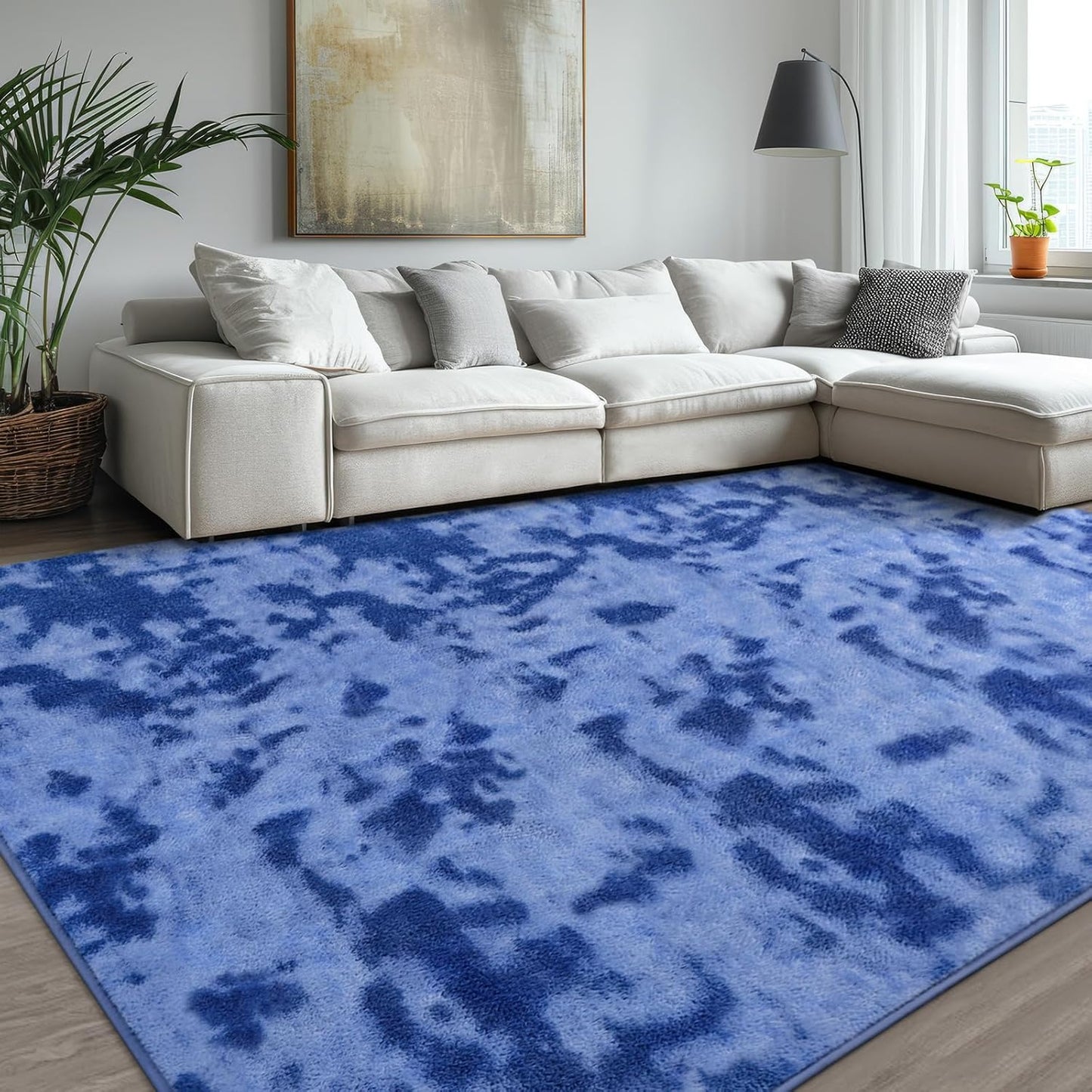 Kimicole 7x10 Washable Area Rugs for Living Room Bedroom, Large Low Pile Ulta-Thin Solid Color Rug, Non-Slip Soft Fluffy Carpet for Nursery Kids Room Dorm Room Home Decor (Blue)