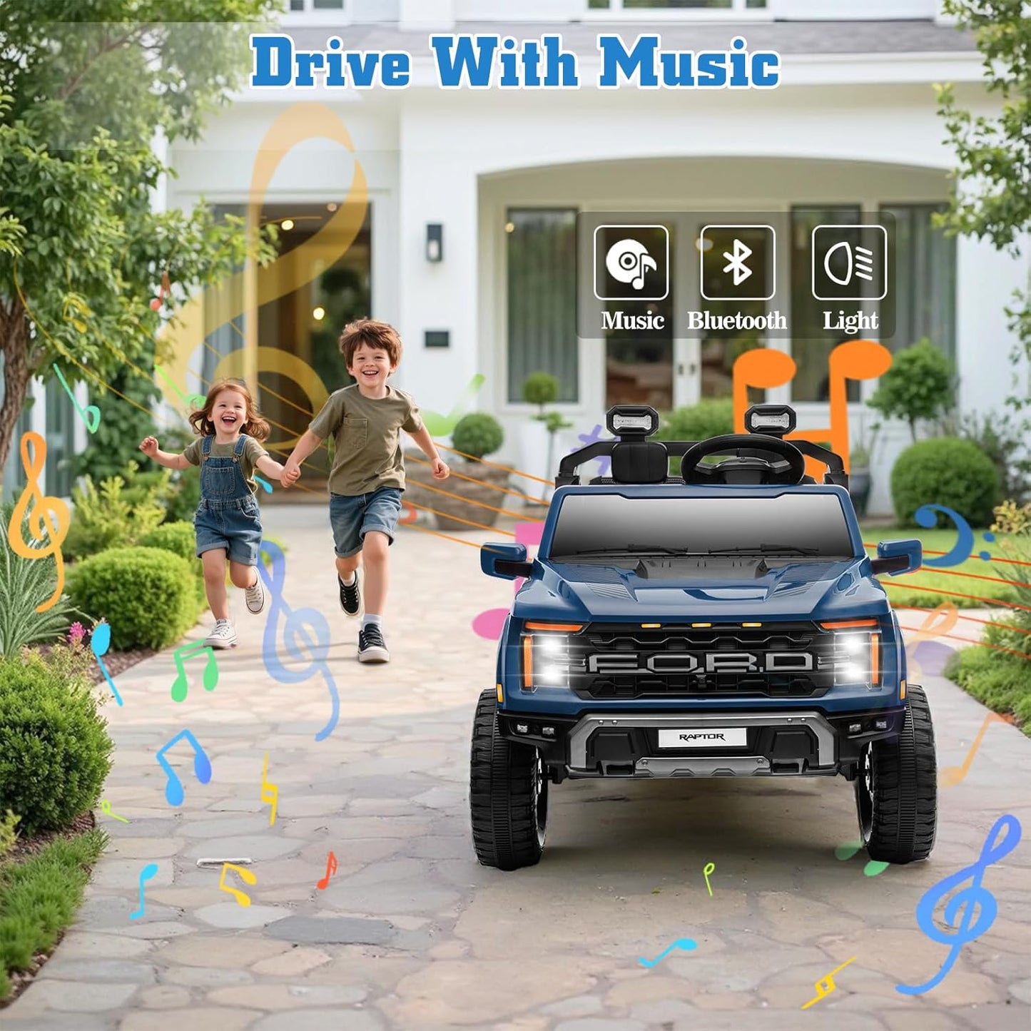 24V Ride on Car Licensed Ford F-150 Raptor, Kids Electric Car with Remote Control, LED Light/Music/MP3, Truck Bed Storage, 3-Point Seat Belt (24V, Blue)
