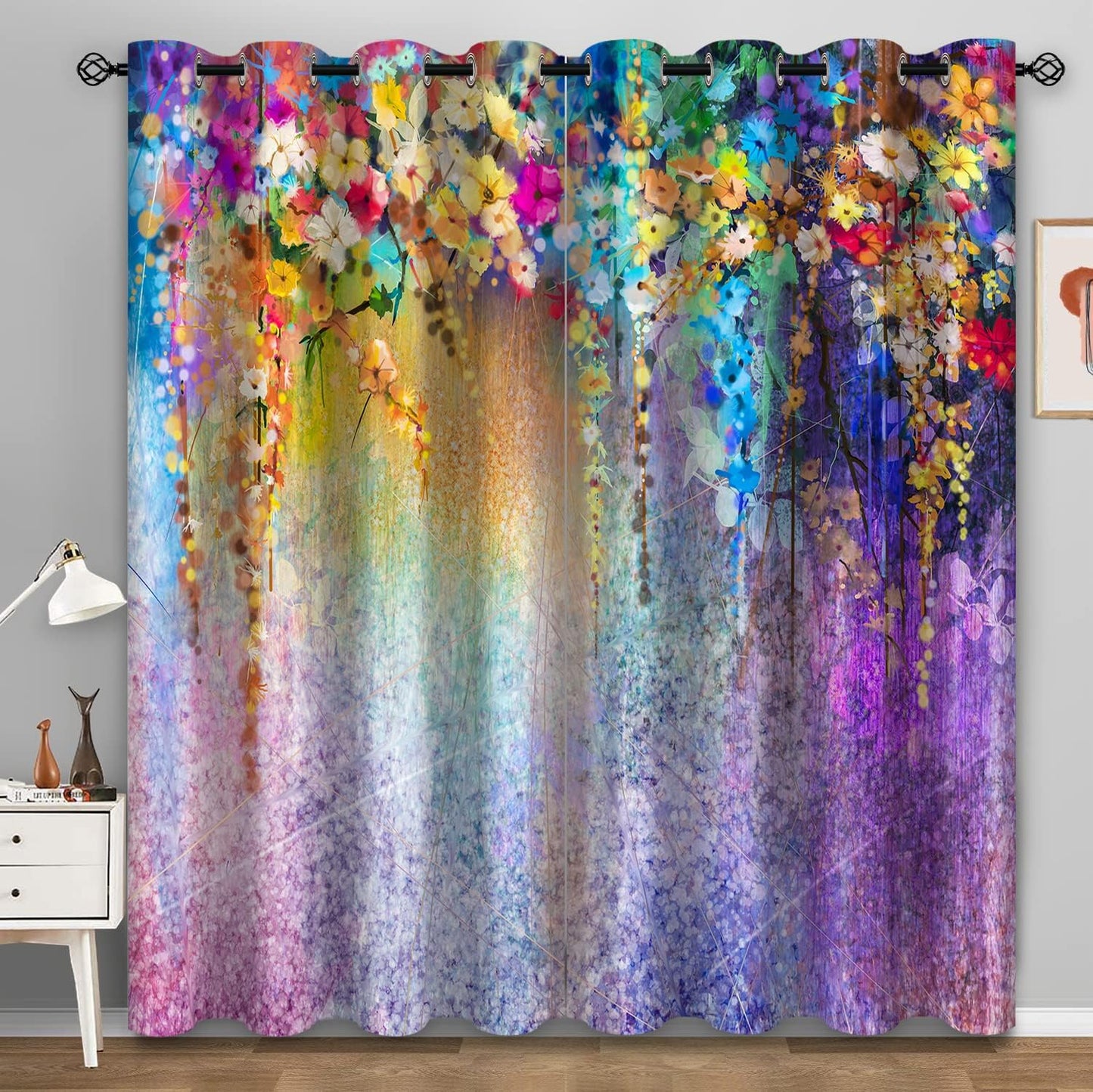 Aimego Floral Blackout Curtains Weeping Plant Colorful Flower Art Romantic Window Drapes Decor for Bedroom Living Room Grommet Top Room Darkening Curtains 2 Panel Set, 52"X84"