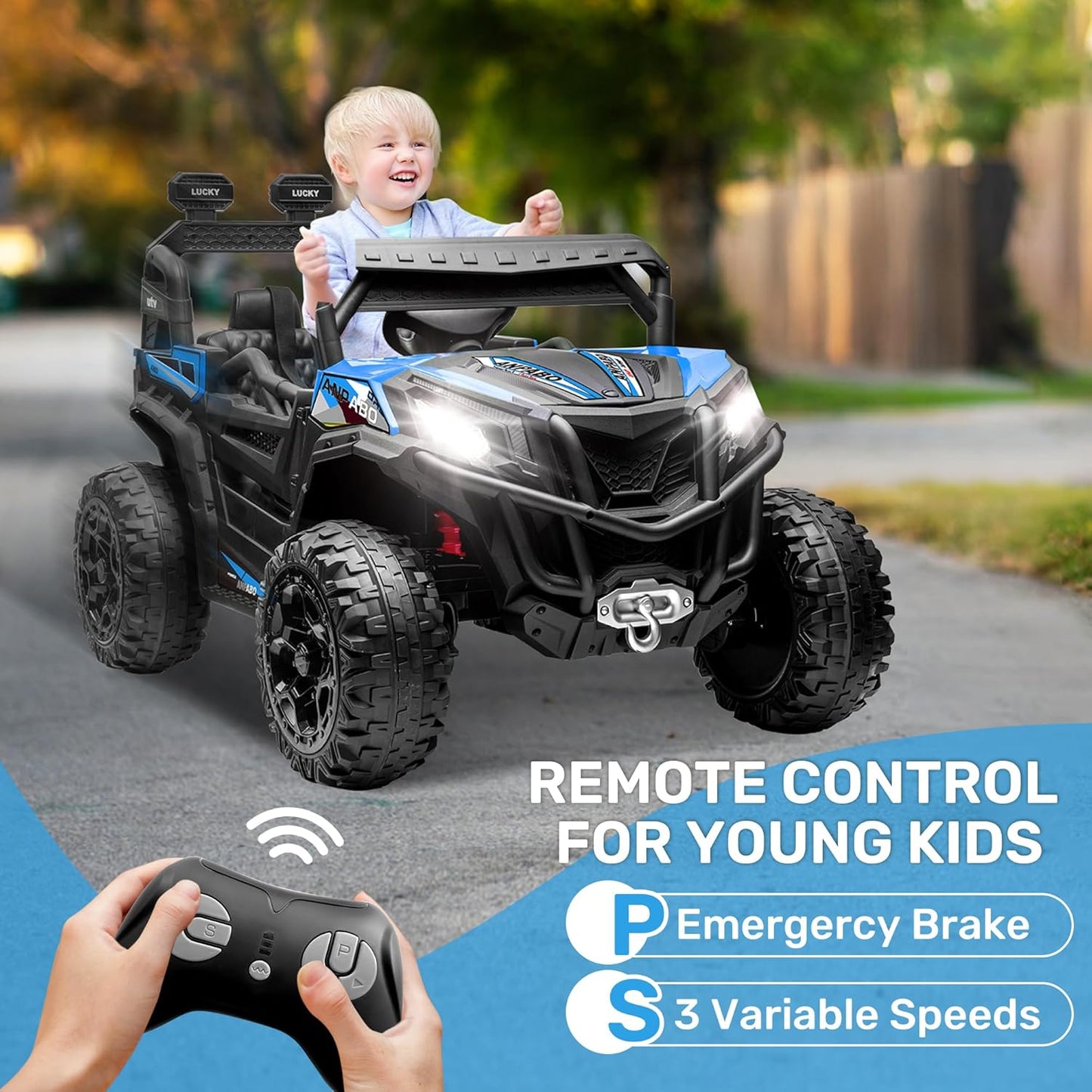 ANPABO 24V 4X4 Ride on Car Truck w/Remote Control, 4WD/2WD Switchable Kids UTV, 19" Spacious Seat, 4 Shock Absorbers, Soft Start, Music Player, Electric Car for Kids (Blue)