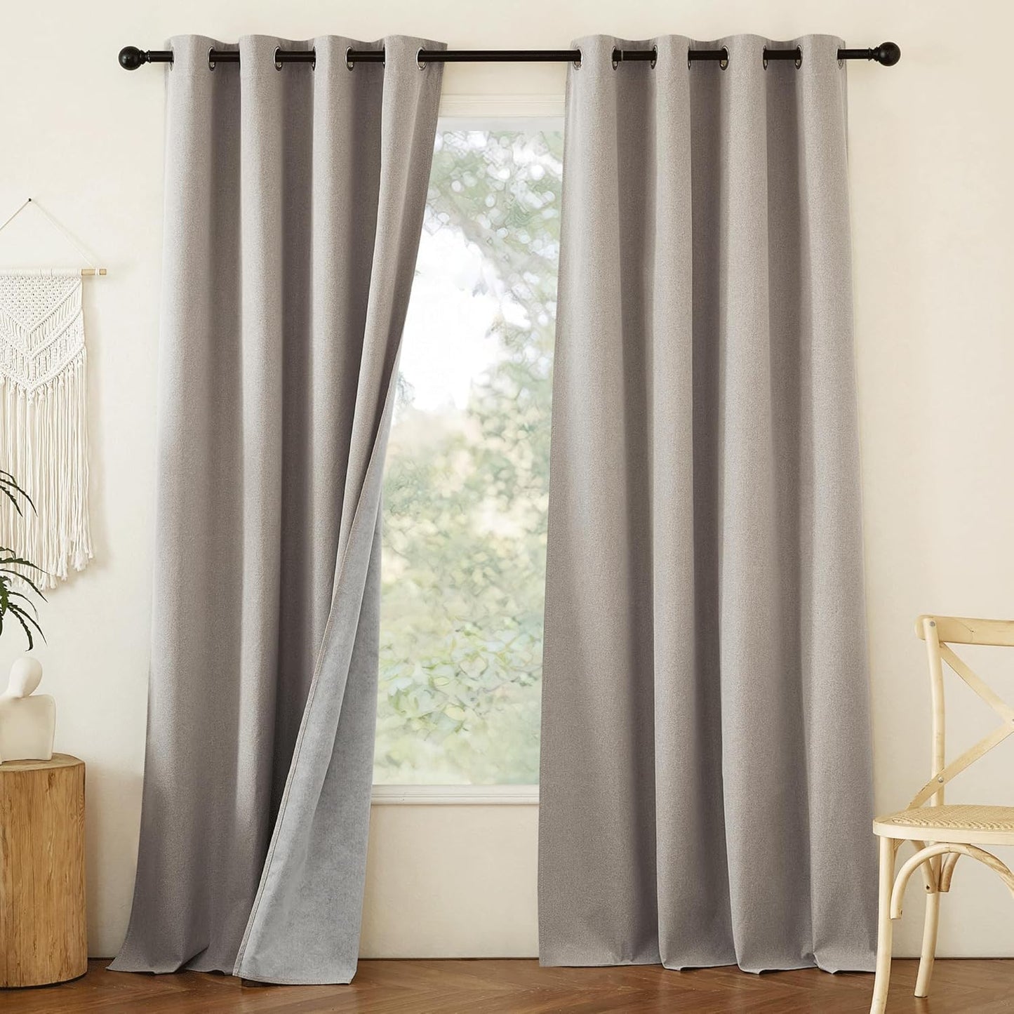 NICETOWN 100% Blackout Natural Faux Linen Curtains 95 inches Length for Dining Room, 2 Panels Set, 52" Wide, Farmhouse Style Room Cooling Window Draperies with Thermal Insulated Liners