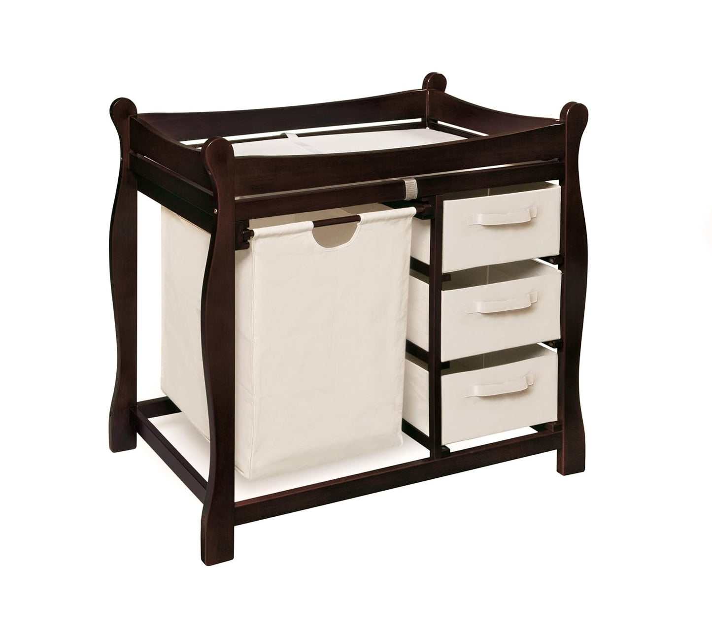 Badger Basket Sleigh-Style Baby Changing Table - Diaper Changing Station with 3 Storage Baskets - Nursery Organizer with Hamper, Changing Pad, Safety Rails - Espresso