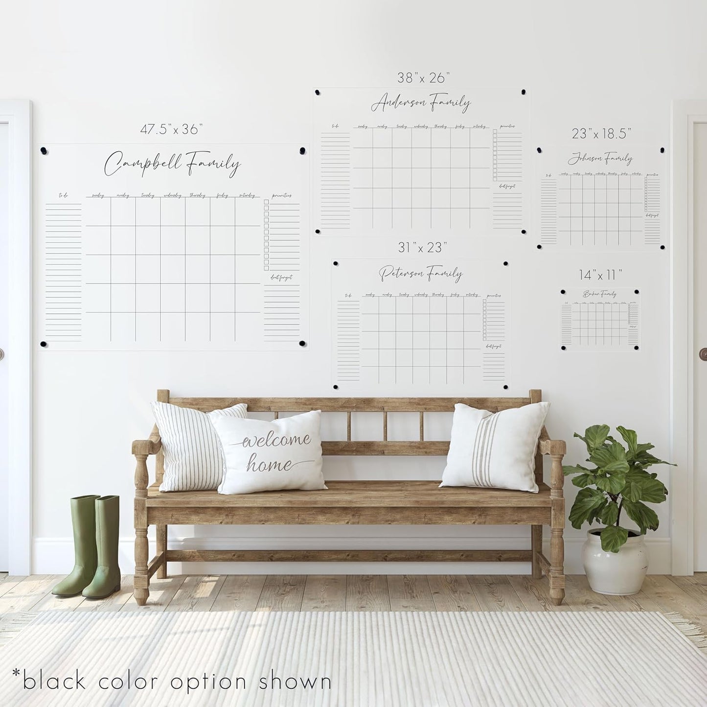 Personalized Clear Acrylic Calendar for Wall, Calendar Whiteboard for Wall, Dry Erase Wall Calendar, Wall Calendar Organizer System for Home (Cursive, Black, 47.5"W x 36"H)
