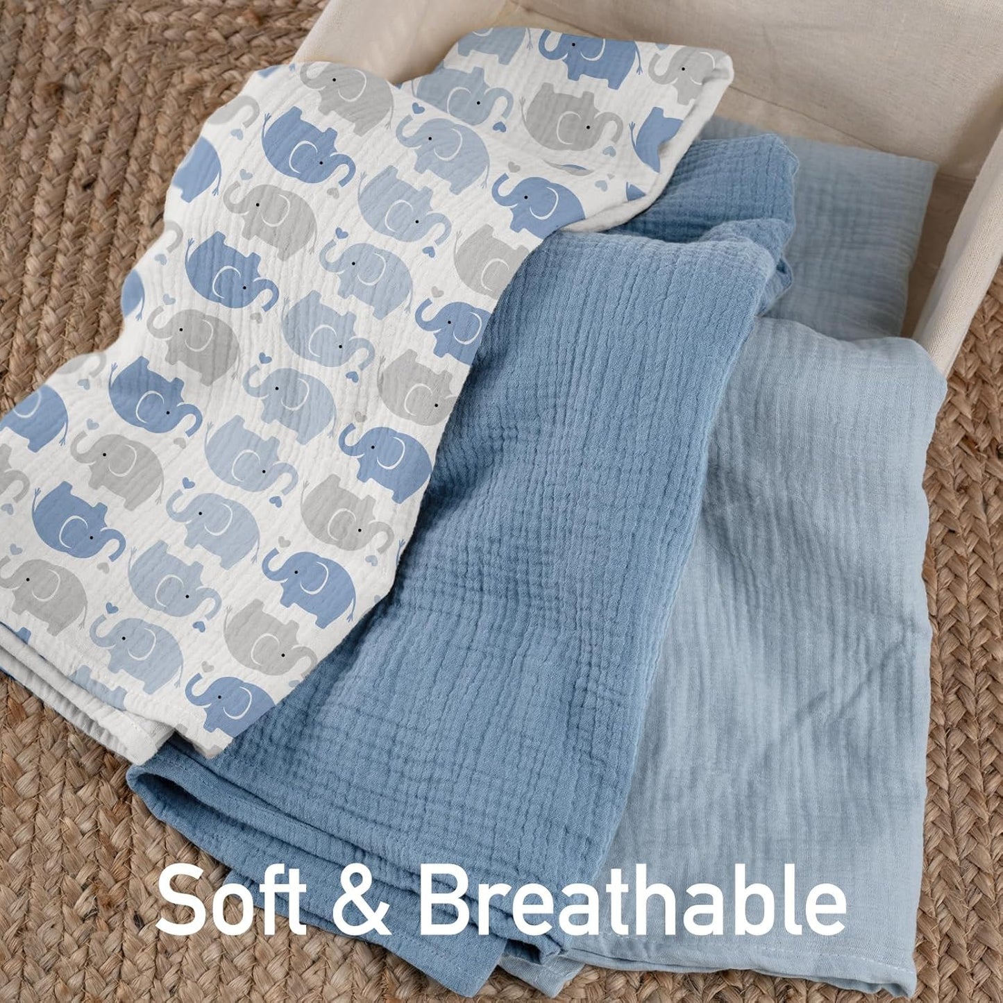 GLLQUEN BABY Muslin Swaddle Blankets,3-Pack Receiving Blanket for Newborn Boys and Girls,Baby Swaddle Blanket Unisex, Elephant,Baby Essentials, Registry & Gift, 40 x 38 inches