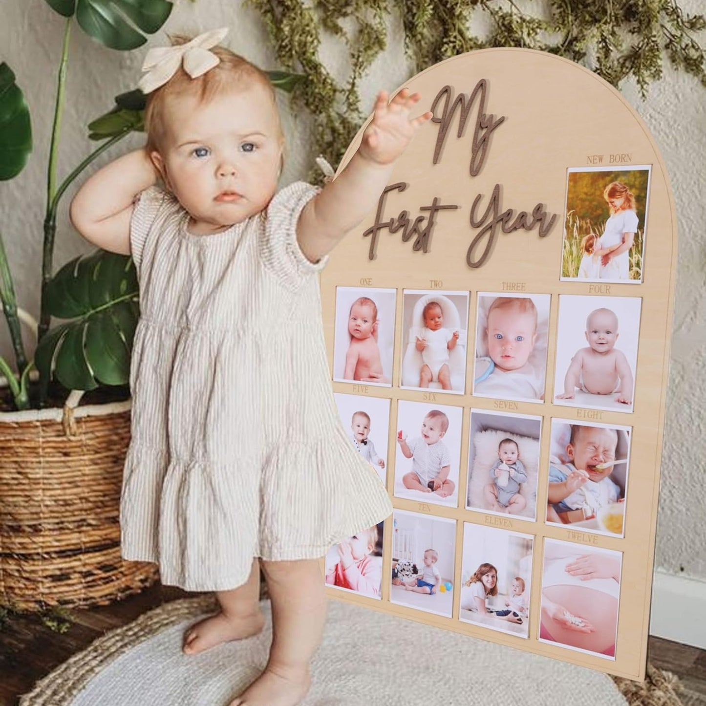 One Year Wood Photo Board - My First Year Month Milestone Board, Girl/Boy 1st Birthday Decorations, 12 Months Banner