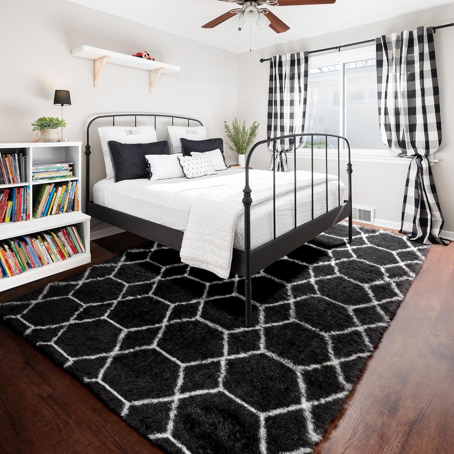 ONASAR 8x10 Area Rugs for Living Room, Fluffy Black and White Bedroom Rug, Washable Geometric Boho Large Soft Plush Shaggy Fuzzy Floor Carpet for Nursery Kids Classroom Playroom Dorm Home Decor