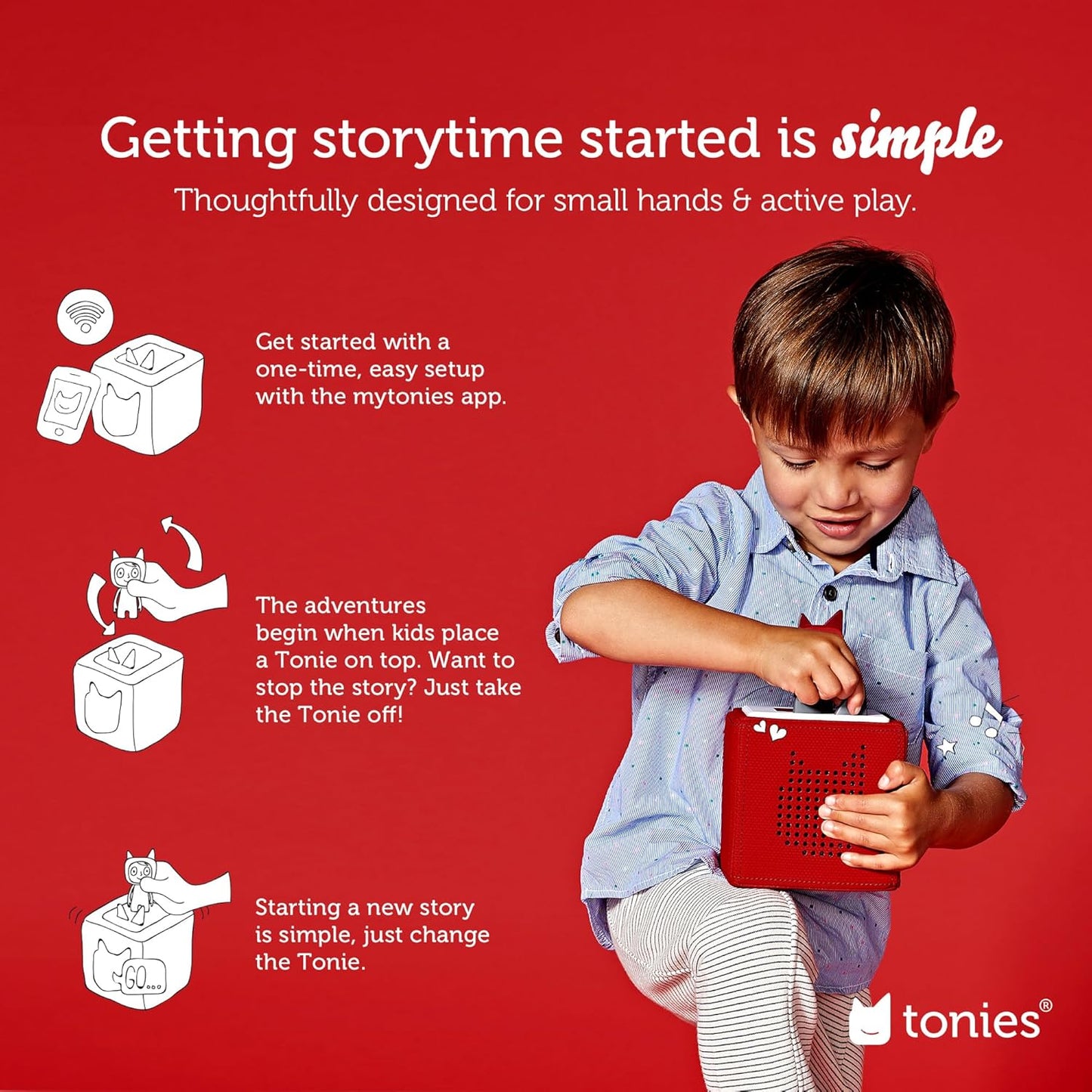 Tonies Toniebox Audio Player Starter Set with Spidey, Ghost-Spider, Spin, Black Panther, and Playtime Puppy - Ages 3+, Listen, Learn, and Play with One Huggable Little Box - Red