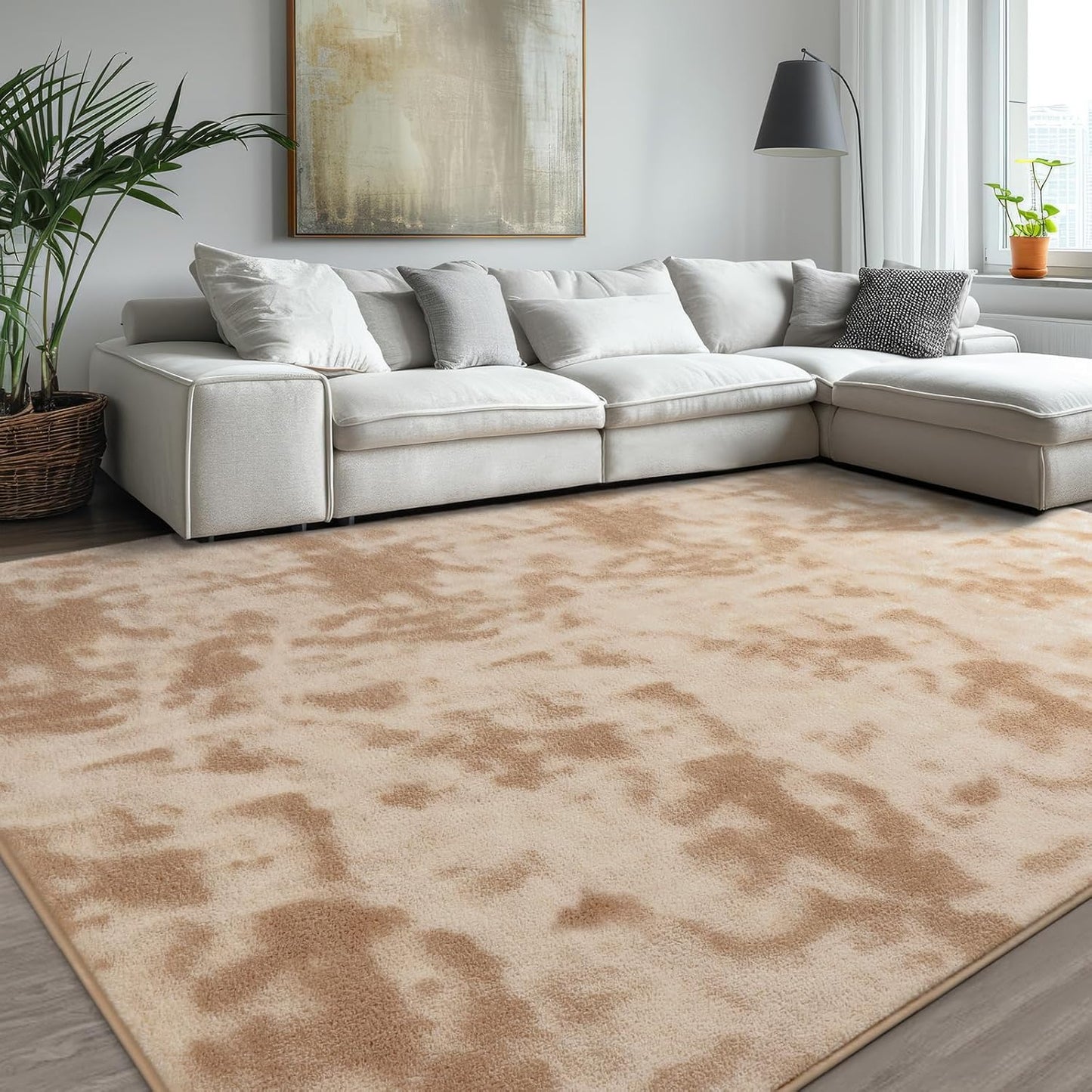 Kimicole 6x9 Washable Area Rugs for Living Room Bedroom, Large Low Pile Ulta-Thin Solid Color Rug, Non-Slip Soft Fluffy Carpet for Nursery Kids Room Dorm Room Home Decor (Light Tan)